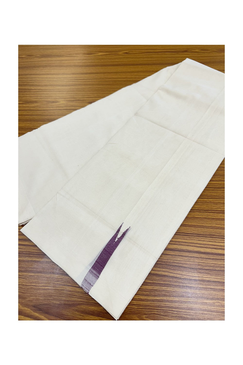 25% Discount!!! KaithariKada HANDLOOM UNAKKUPAAV Balaramapuram - 100% PURE Cotton OFF WHITE (Unbleached) Double Mundu/Dhoti - 80x90 - 1.5 cm Wine Purple chutty kara 4 Mtr (8.5 Muzham) - 6KK5235 YAR