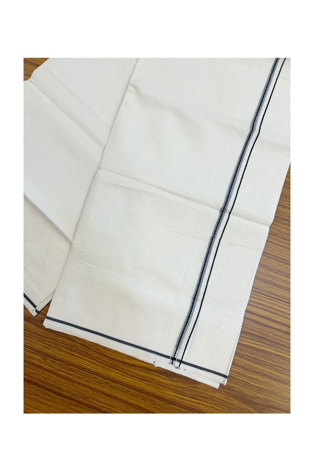 24% Discount !! KaithariKada Balaramapuram 100% Cotton OFF WHITE (Unbleached) Single Mundu/Dhoti - Twisted 60s Thread - 1 cm Silver Kasavu Black Thin Kara (2 meter / 4 muzham) - 4KK5236 GL