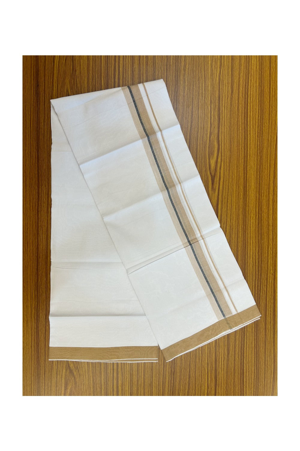 24 % Discount !! KaithariKada Balaramapuram 100% Cotton Pure white Single Mundu/Dhoti - Twisted 60s Thread- 1.25 inch Sand Brown & Black Shaded Kara (2 meter / 4 muzham) - 6KK5241 GL