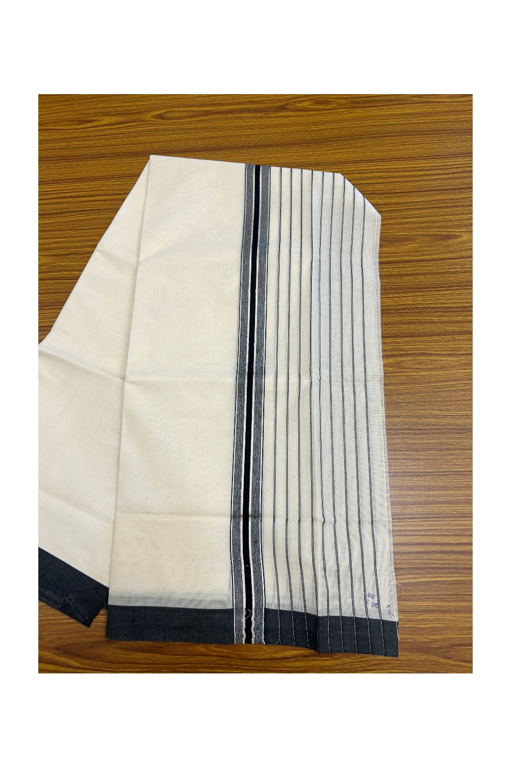 20% Discount !! KaithariKada Balaramapuram Double OFF WHITE (Unbleached) Mundu/Dhoti - 100x80 - 8 inch Black & Silver Striped kara 4 mtr (8.5 muzham) - 6KK5243 PMC
