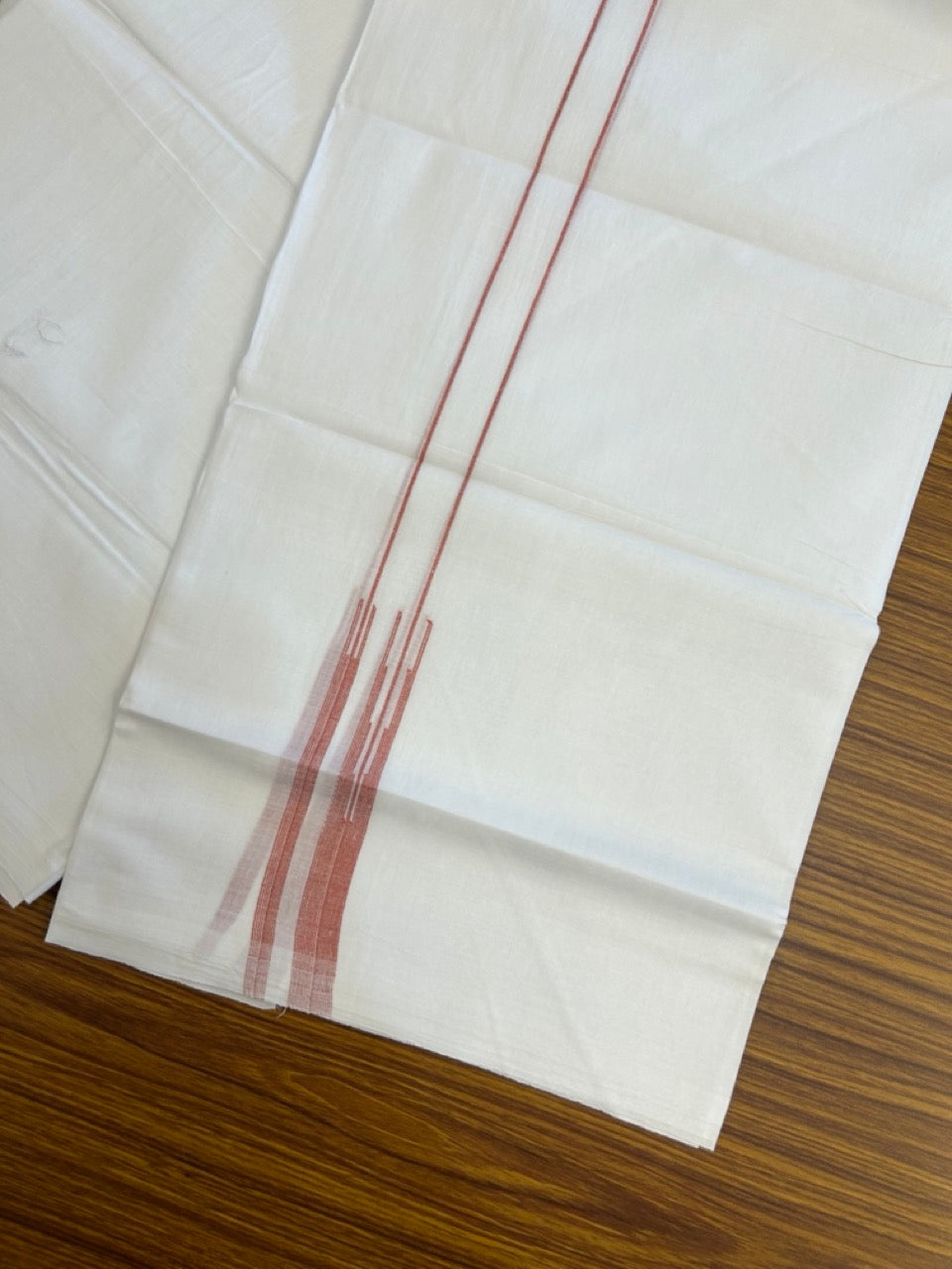 20% DISCOUNT!! NEW!! KaithariKada Balaramapuram 100% Cotton PURE WHITE Double Mundu/Dhoti - (100x80)s - 0.75 inch Brick Red Line chutty - 6 KK5249 VIN