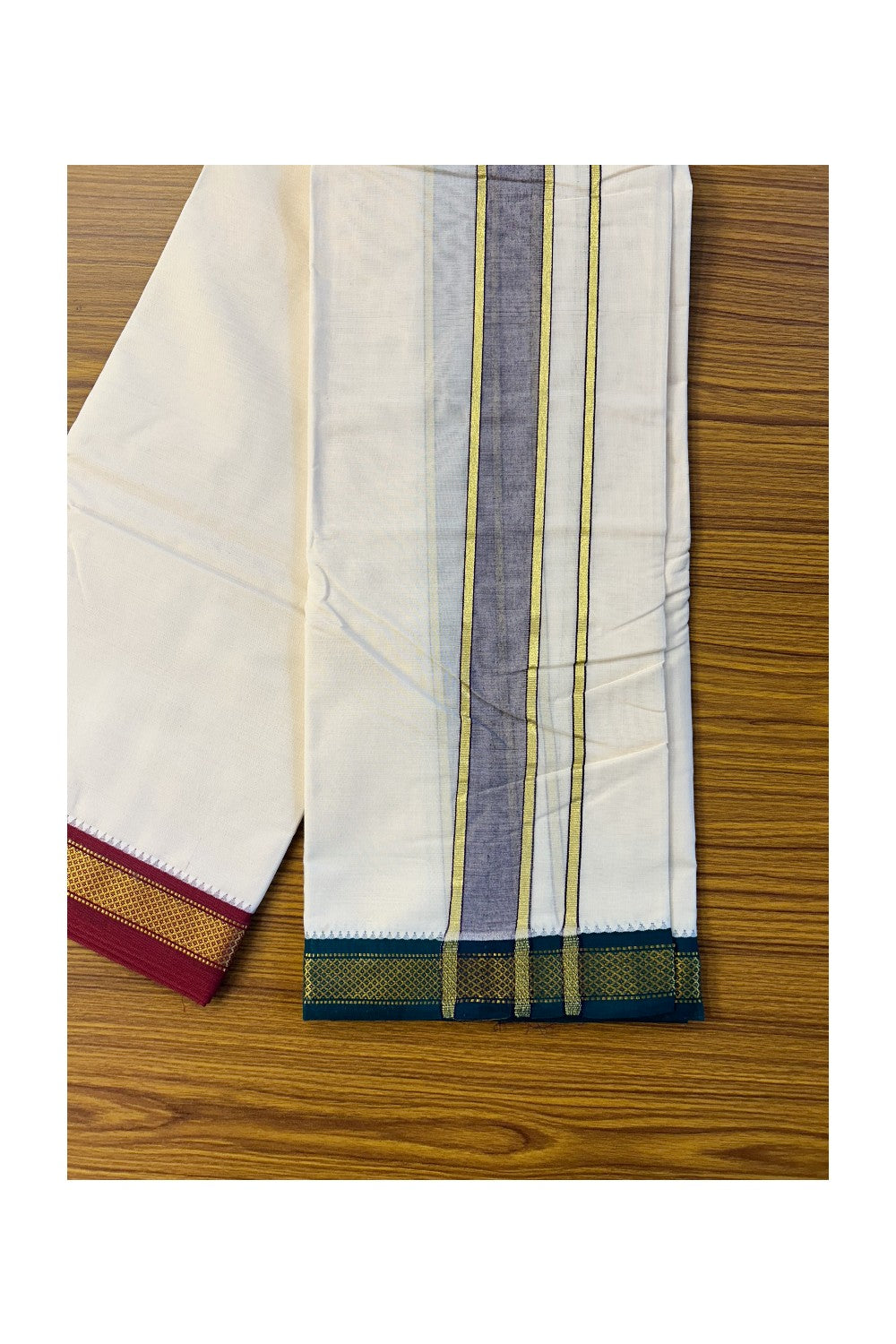 Panchakacham Dhoti -21% Discount! KaithariKada 100% Cotton Off White - Pure Cotton - 100x100 North Indian Attached Gamcha- 9X5 Dhoti - 1.5 inch Light purple kara with Red & Maroon border - 6KK77PMC