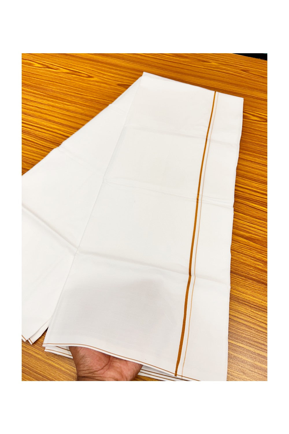 21% OFFER!! KaithariKada WRINKLE FREE Cotton PURE WHITE SINGLE Mundu/Dhoti-40X40 Light Brown 1 cm (2 meter / 4 muzham) Kara- 6uat