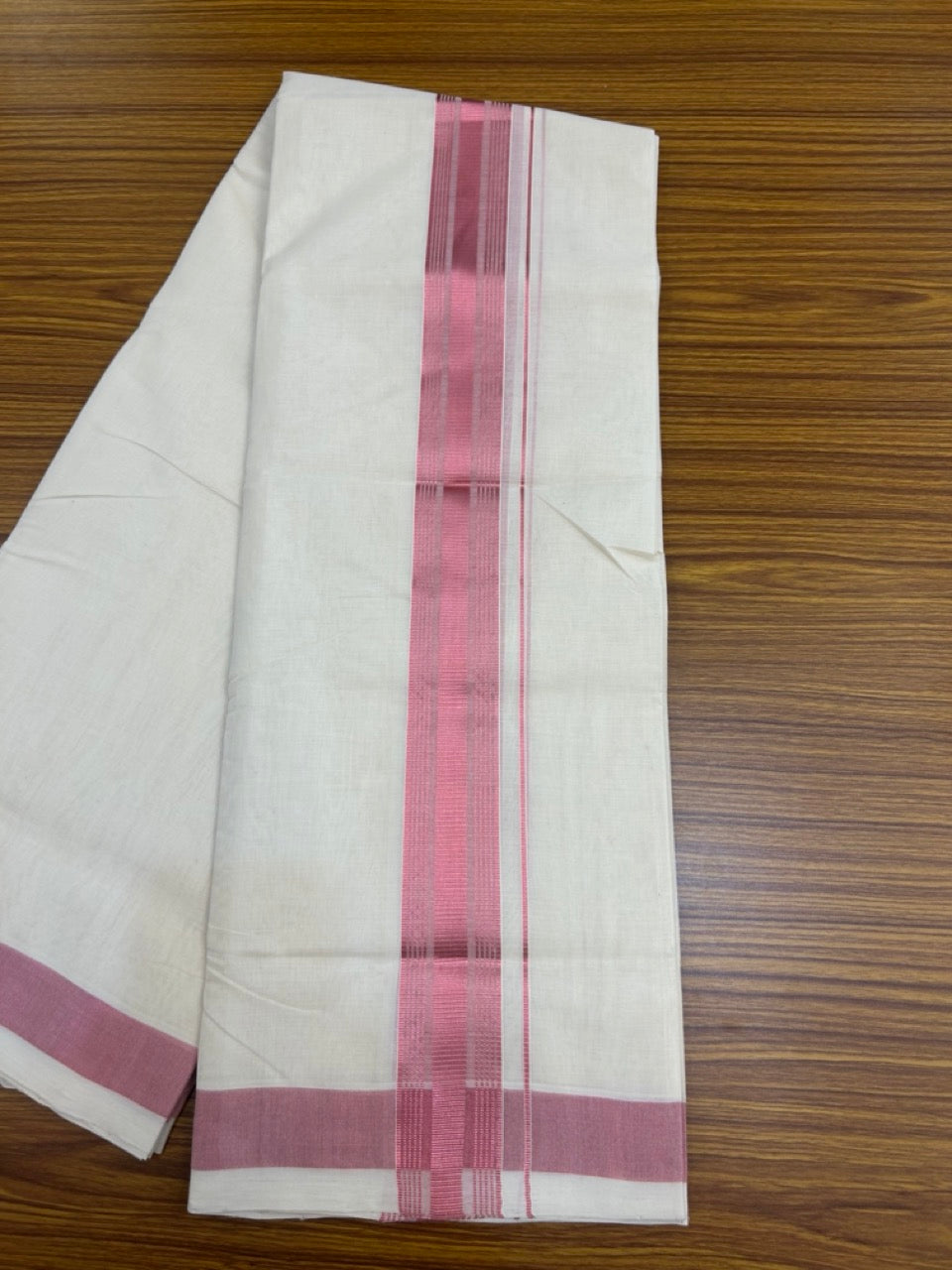 25% Discount ! KaithariKada Handloom Millpaav Balaramapuram - Pure Cotton Off White (Unbleached) Double Mundu/Dothi -80x90 - 2 inch Rose Pink Kasav Striped kara 4 mtr (8.5 muzham) - 95 KK5256 RAM