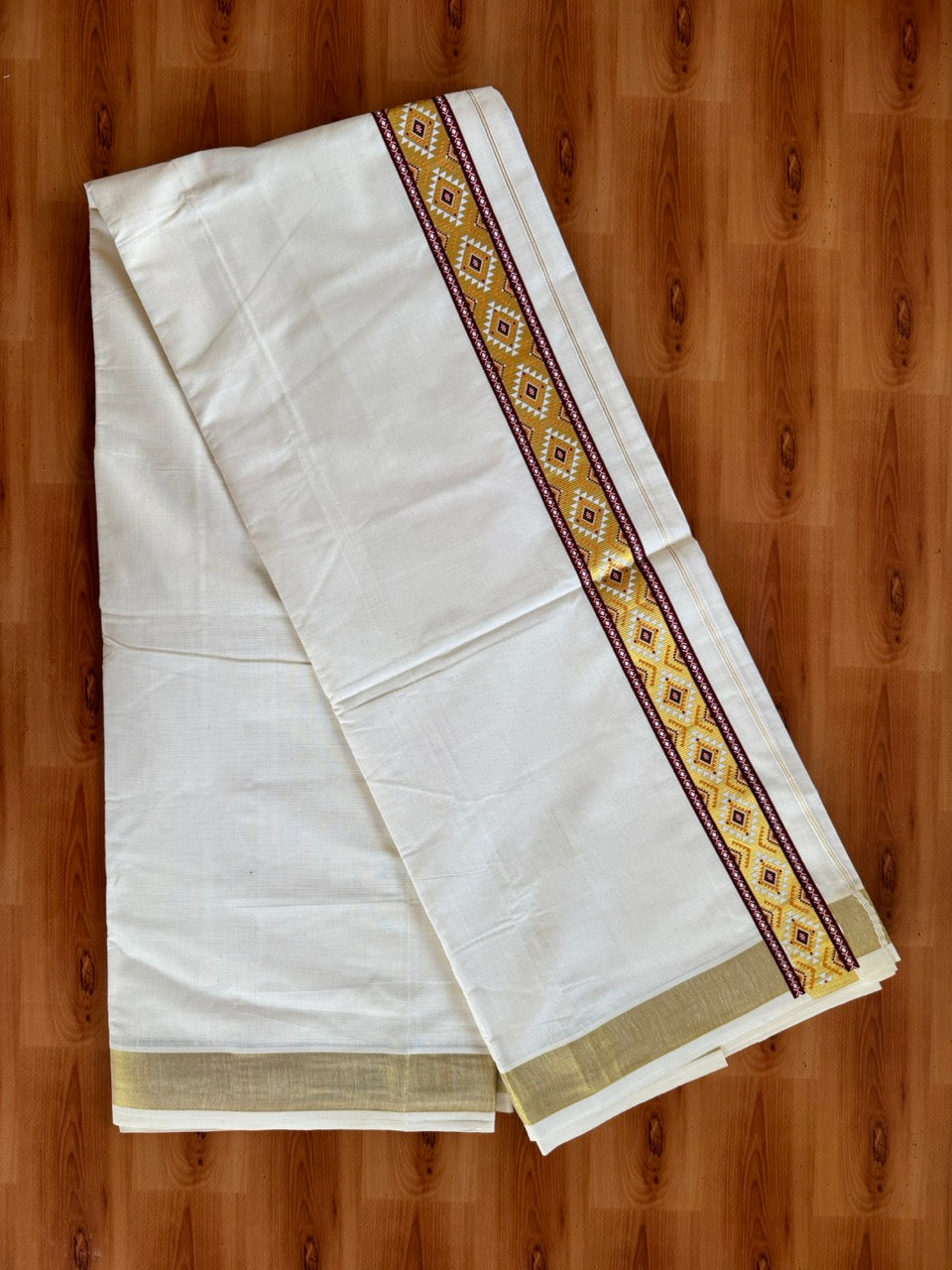 Double Off White - Theyyam Print - (Unbleached) Mundu/Dhoti- 20% Discount!! KaithariKada Mixed Cotton 60s - 1.5 inch Gold Kasav with Printed Design Kara - 8 KK5474 GAN