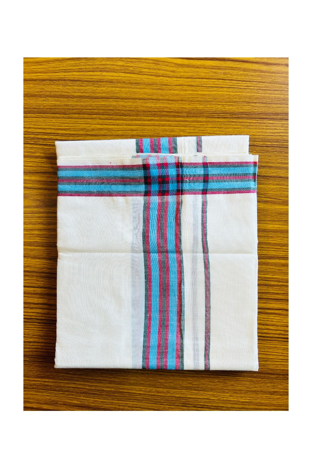 16% Discount!! KaithariKada - Kerala Cotton SINGLE SET MUND FOR WOMEN - Blue Red & Green Kara - 6KK301VIN