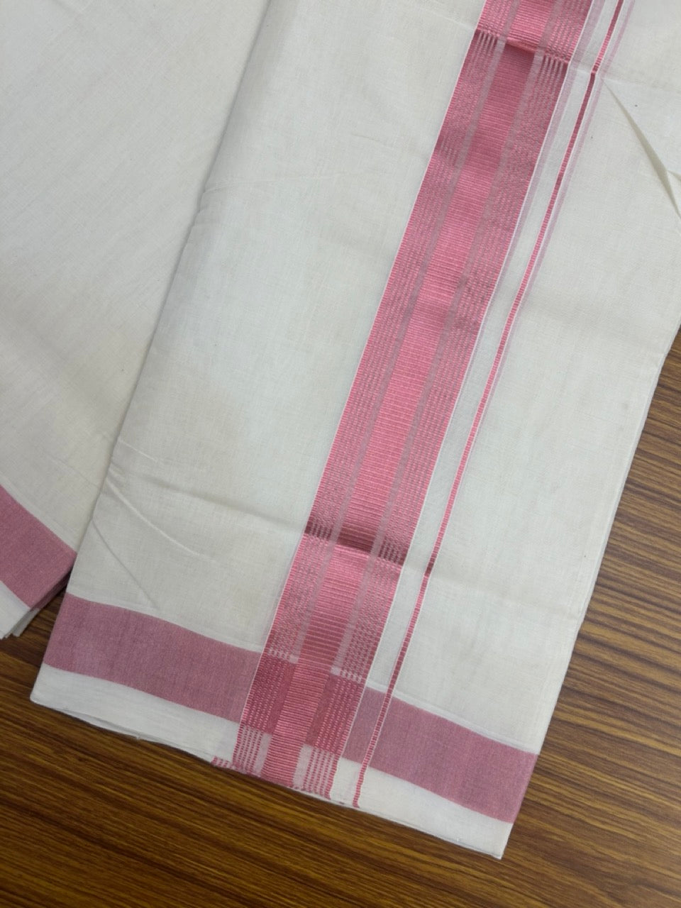 25% Discount ! KaithariKada Handloom Millpaav Balaramapuram - Pure Cotton Off White (Unbleached) Double Mundu/Dothi -80x90 - 2 inch Rose Pink Kasav Striped kara 4 mtr (8.5 muzham) - 95 KK5256 RAM