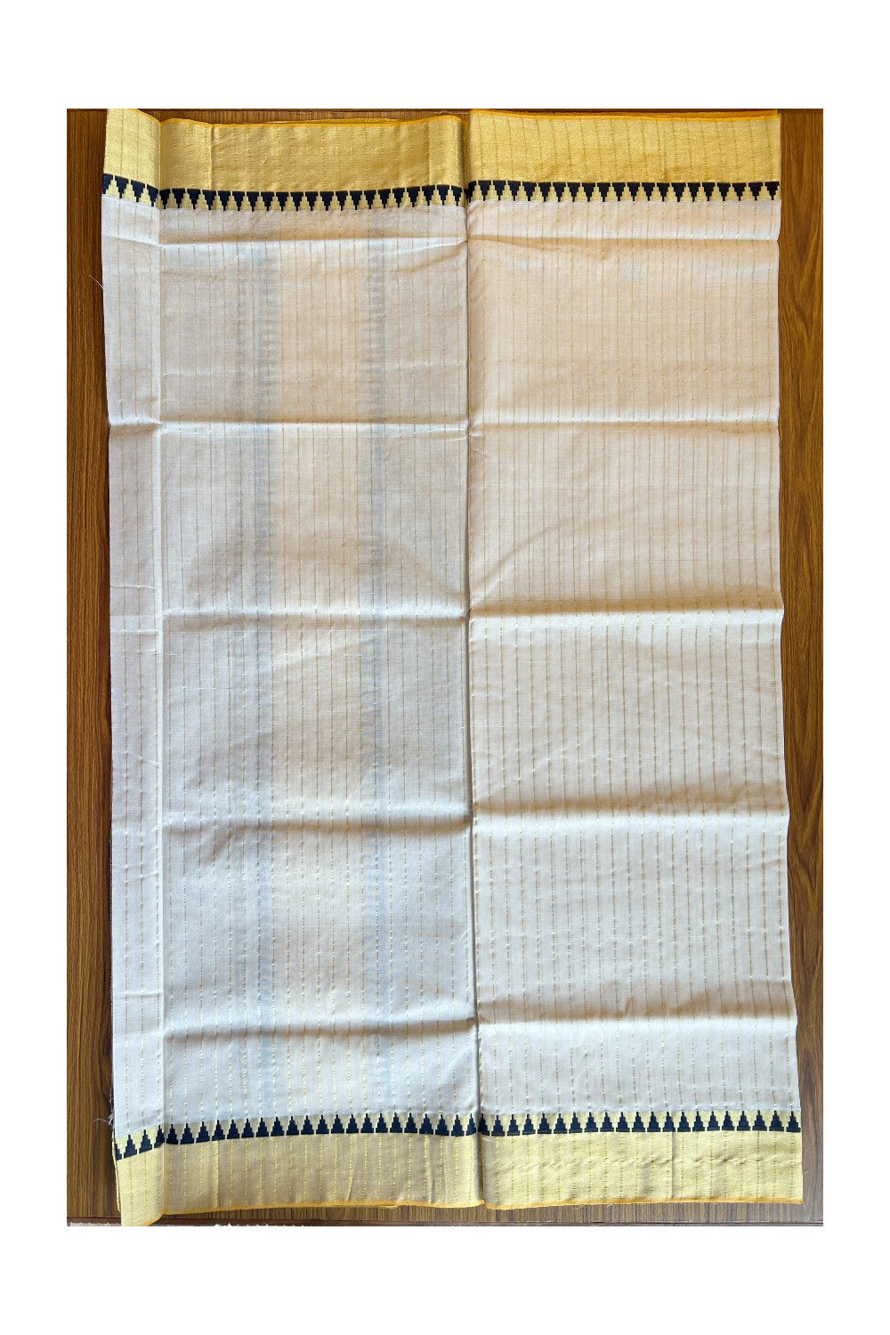 KaithariKada HANDLOOM UNAKKUPAAV Balaramapuram Kerala Saree for Women - 100% PURE Cotton with Kasavu stripes & Navy blue Temple pattern design - 6KK483KK