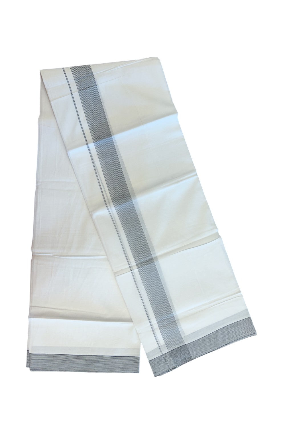 20% Discount ! Kaitharikada Balaramapuram 100% Cotton PURE WHITE Double Mundu/Dothi - 100x80 - 1.5 inch Navy Blue Stripes Kara 3.90 mtr (8 muzham) - 55KK5220 THI