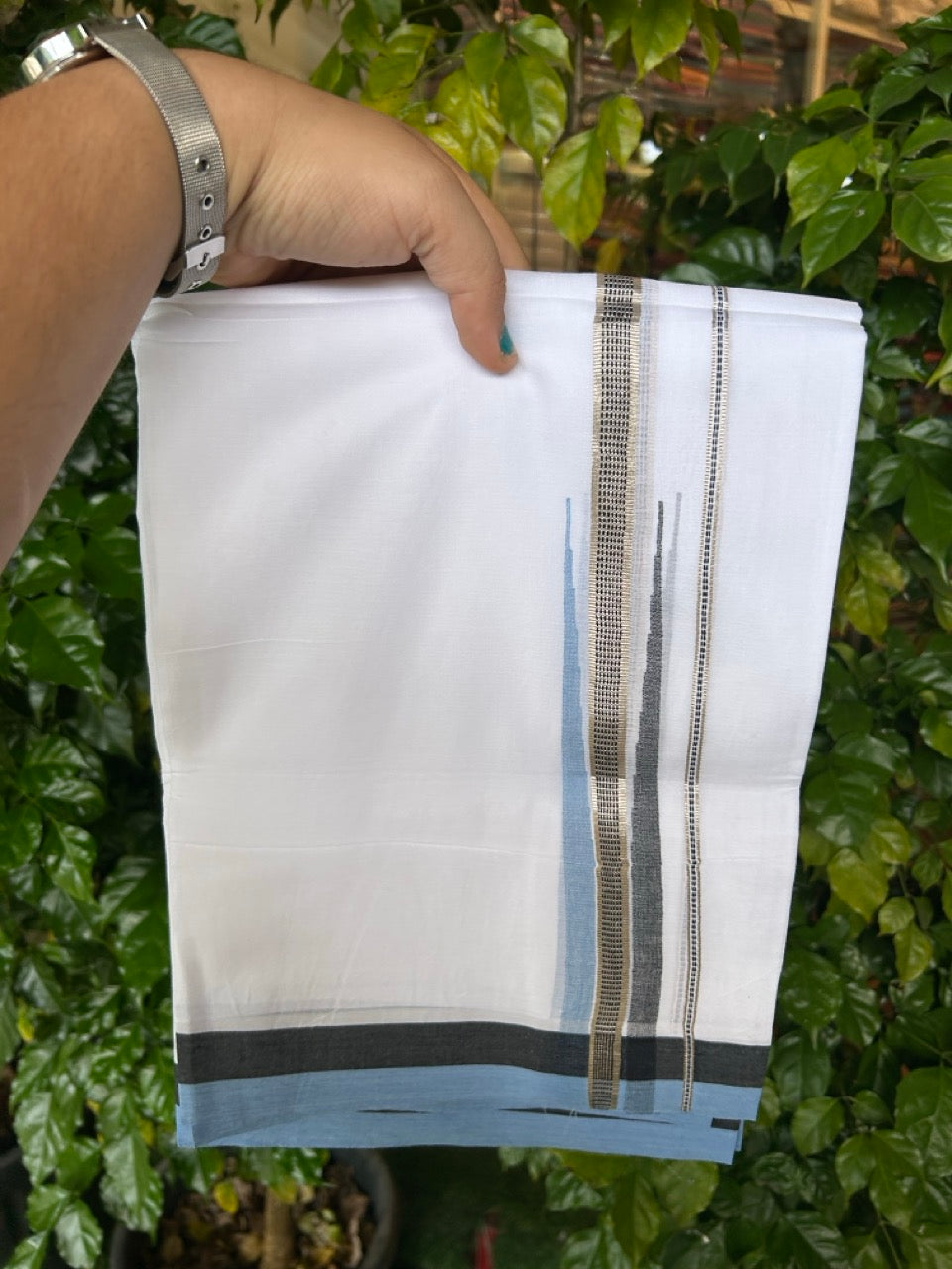23% Discount ! NEW! KaithariKada Balaramapuram 100% Cotton Pure white Double Mundu/Dhoti - (100x80)s - Blue Black Chutty Silver Kasav - 60 KK5252 CKS
