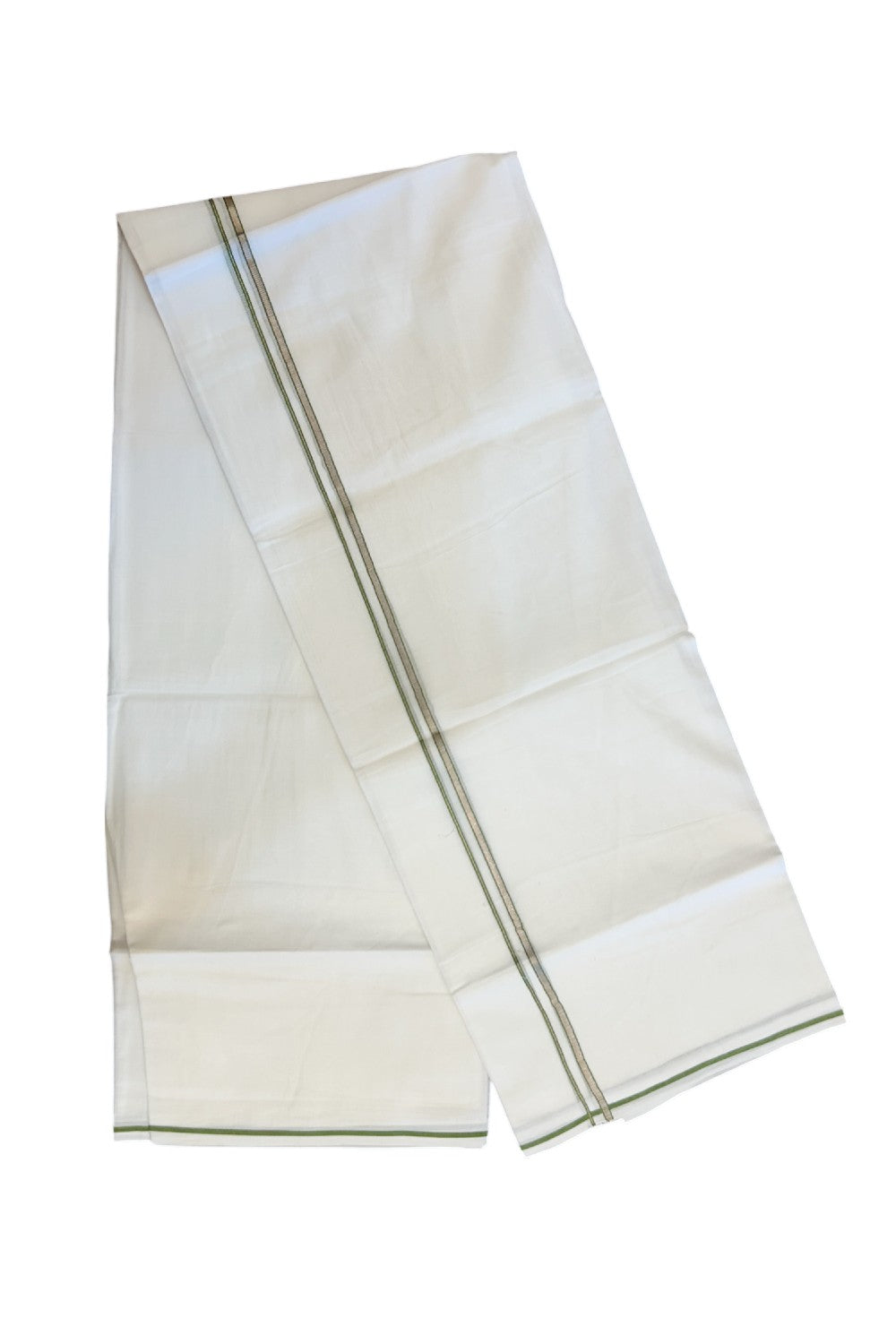 20% Discount ! Kaitharikada Balaramapuram 100% Cotton PURE WHITE Double Mundu/Dothi - 100x90 - 0.5 cm Parrot Green Silver Kasavu thin Kara - 60KK5217 CKS
