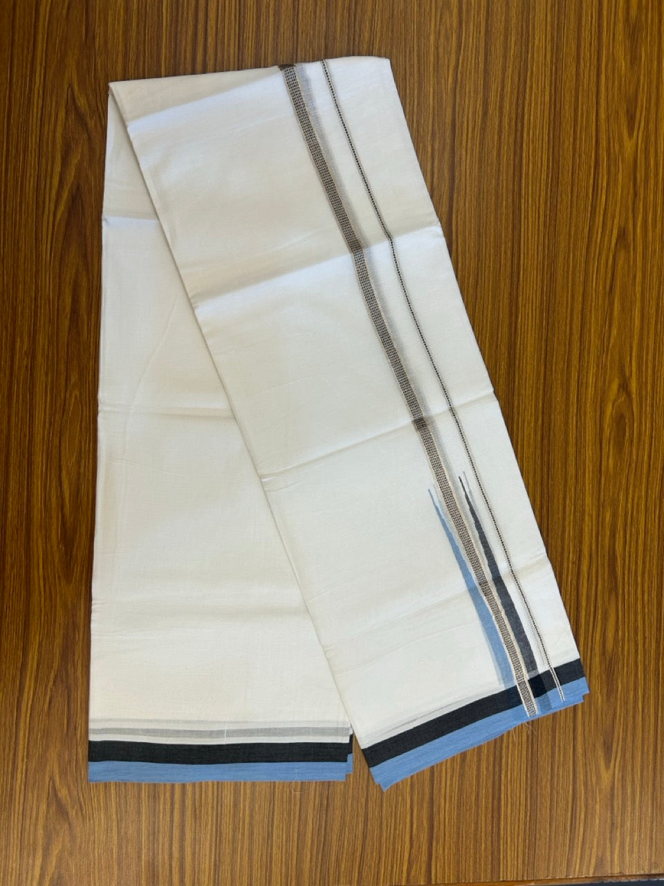 23% Discount ! NEW! KaithariKada Balaramapuram 100% Cotton Pure white Double Mundu/Dhoti - (100x80)s - Blue Black Chutty Silver Kasav - 60 KK5252 CKS