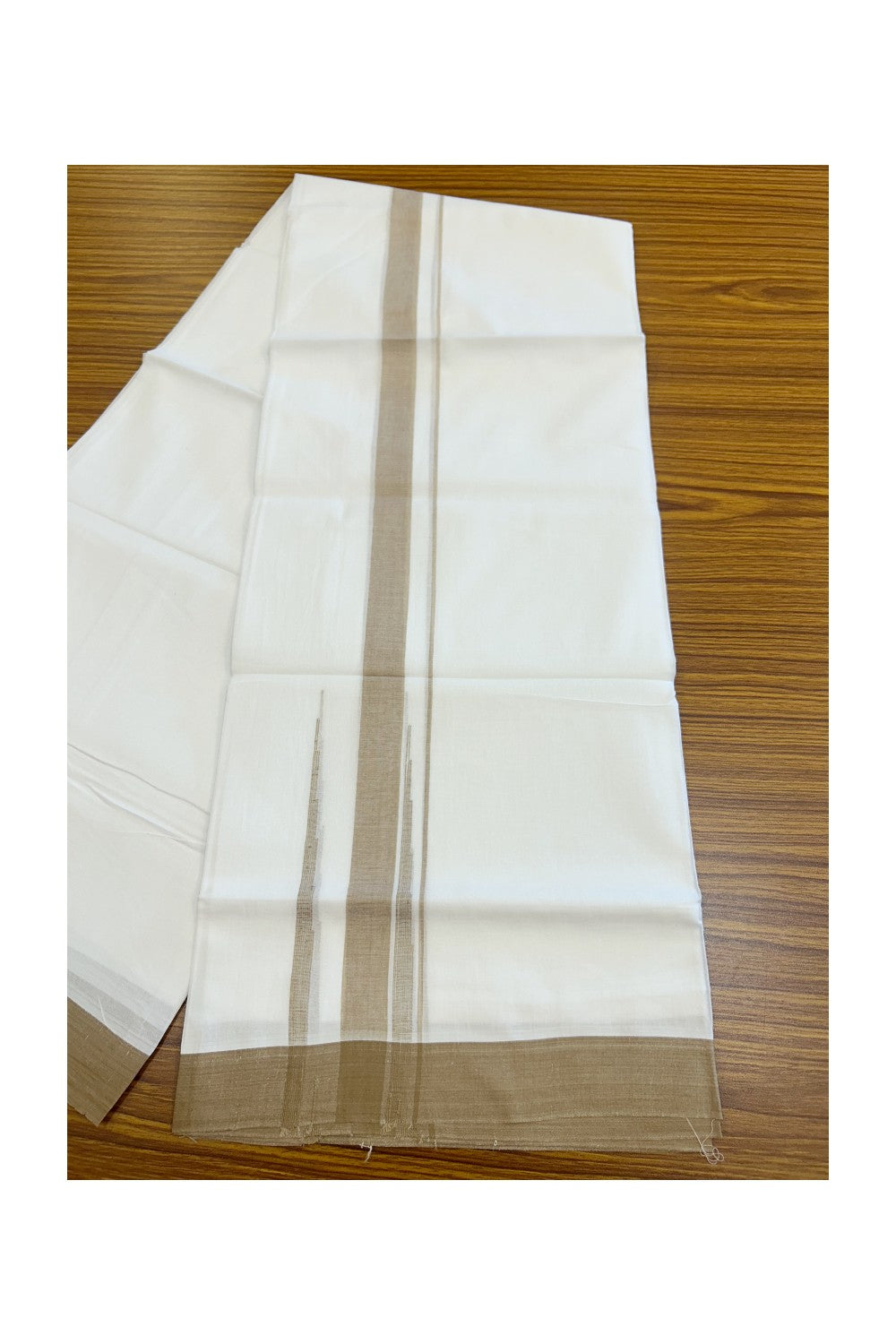 20% Discount ! Kaitharikada Balaramapuram 100% Cotton PURE WHITE Double Mundu/Dothi - 100x80 - 1.5 inch Peanut Brown Shaded Chutty Kara - 60KK5182VAS