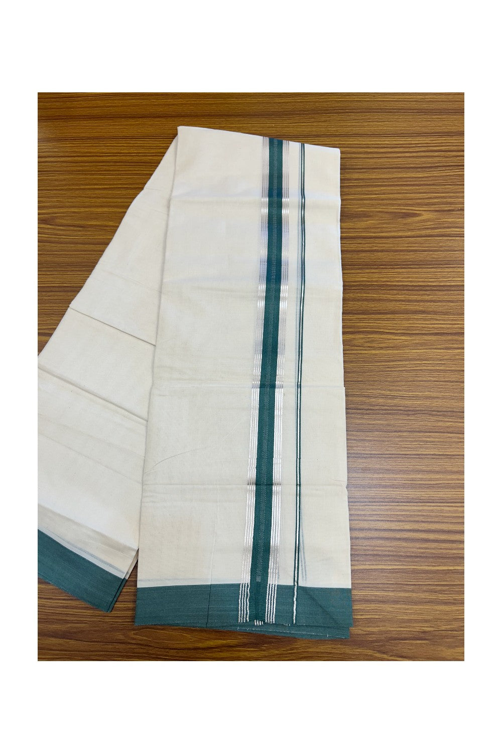 20% Discount ! KaithariKada Balaramapuram 100% Cotton Double OFF WHITE - (Unbleached) - Mundu / Dhoti- 100x80 - 1.5 inch Silver stripes Green kara - 60KK5213 VIN