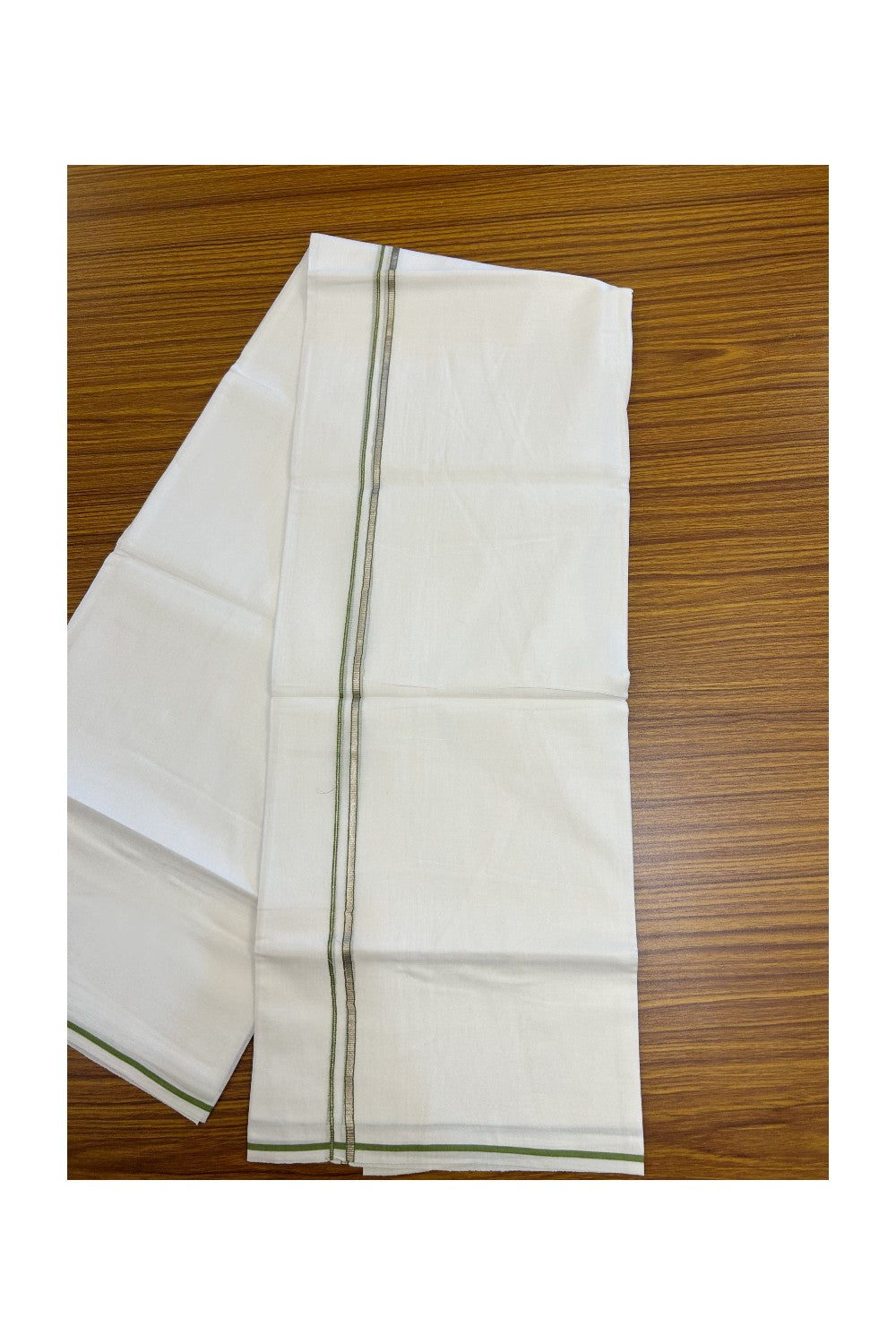 20% Discount ! Kaitharikada Balaramapuram 100% Cotton PURE WHITE Double Mundu/Dothi - 100x90 - 0.5 cm Parrot Green Silver Kasavu thin Kara - 60KK5217 CKS