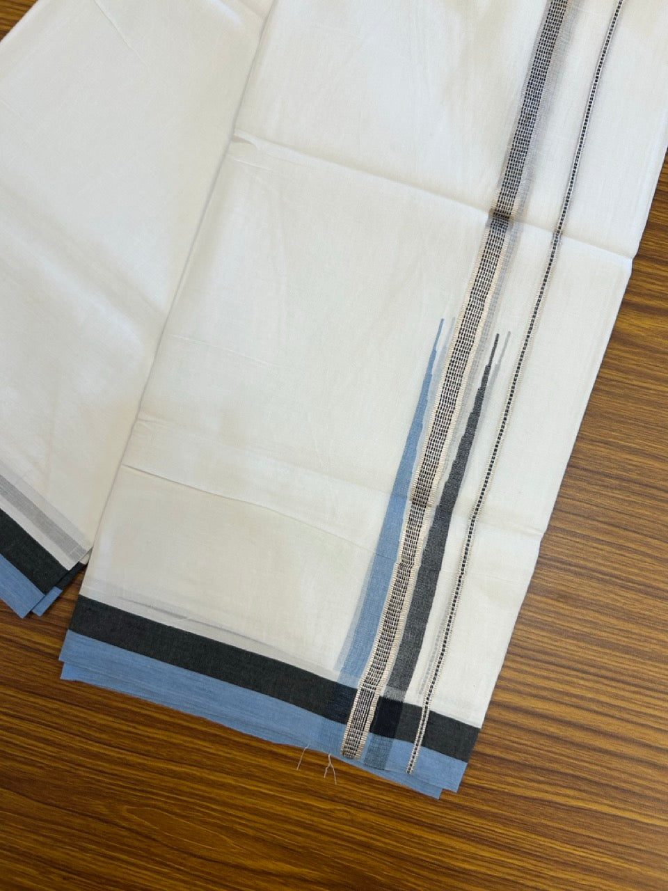 23% Discount ! NEW! KaithariKada Balaramapuram 100% Cotton Pure white Double Mundu/Dhoti - (100x80)s - Blue Black Chutty Silver Kasav - 60 KK5252 CKS