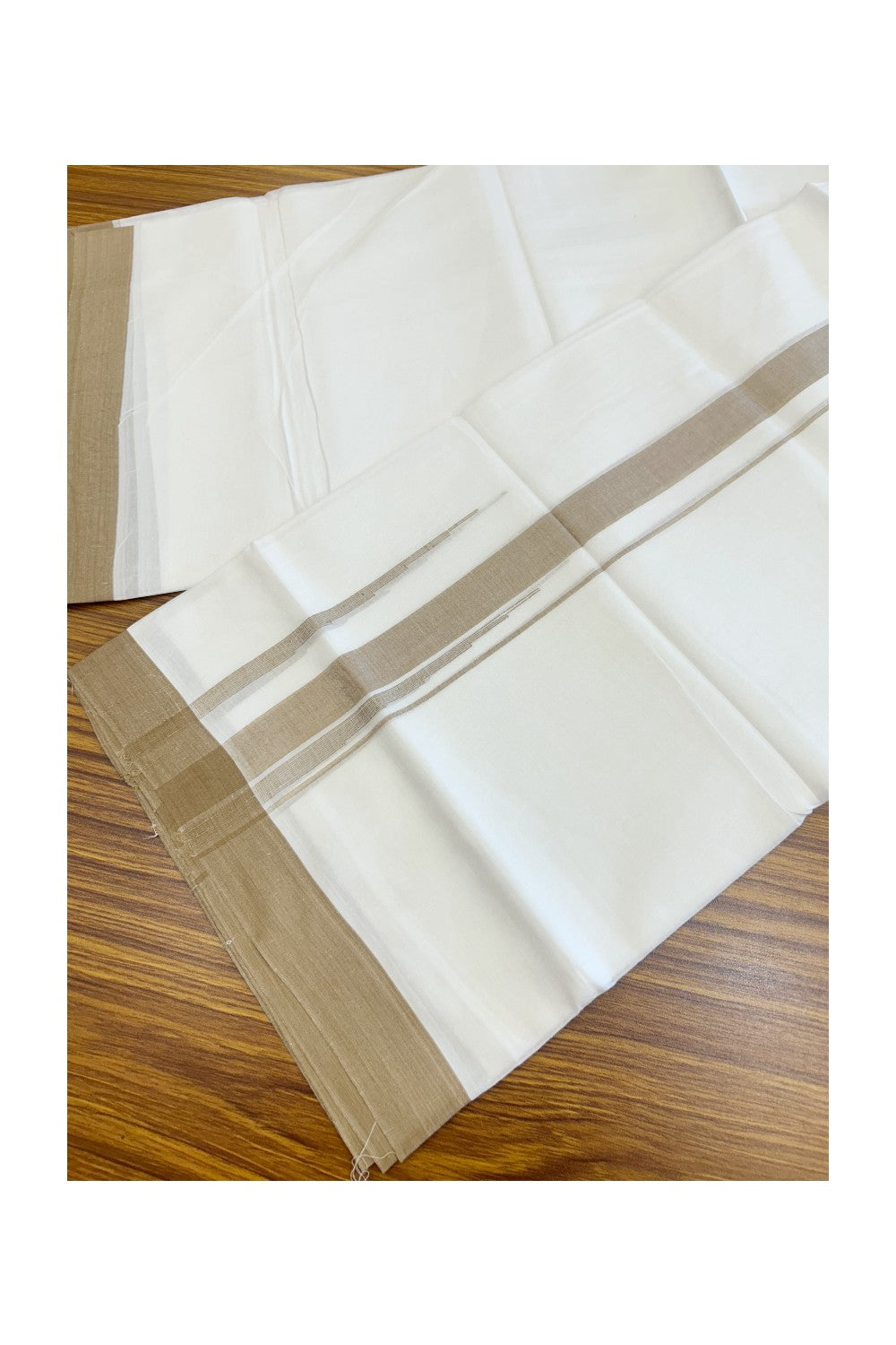 20% Discount ! Kaitharikada Balaramapuram 100% Cotton PURE WHITE Double Mundu/Dothi - 100x80 - 1.5 inch Peanut Brown Shaded Chutty Kara - 60KK5182VAS
