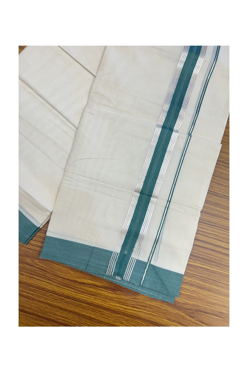 20% Discount ! KaithariKada Balaramapuram 100% Cotton Double OFF WHITE - (Unbleached) - Mundu / Dhoti- 100x80 - 1.5 inch Silver stripes Green kara - 60KK5213 VIN