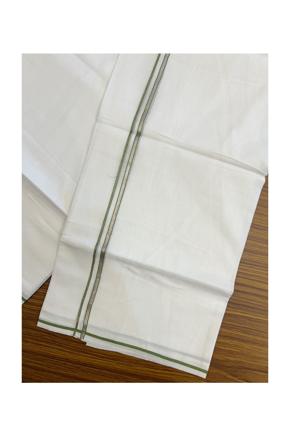 20% Discount ! Kaitharikada Balaramapuram 100% Cotton PURE WHITE Double Mundu/Dothi - 100x90 - 0.5 cm Parrot Green Silver Kasavu thin Kara - 60KK5217 CKS