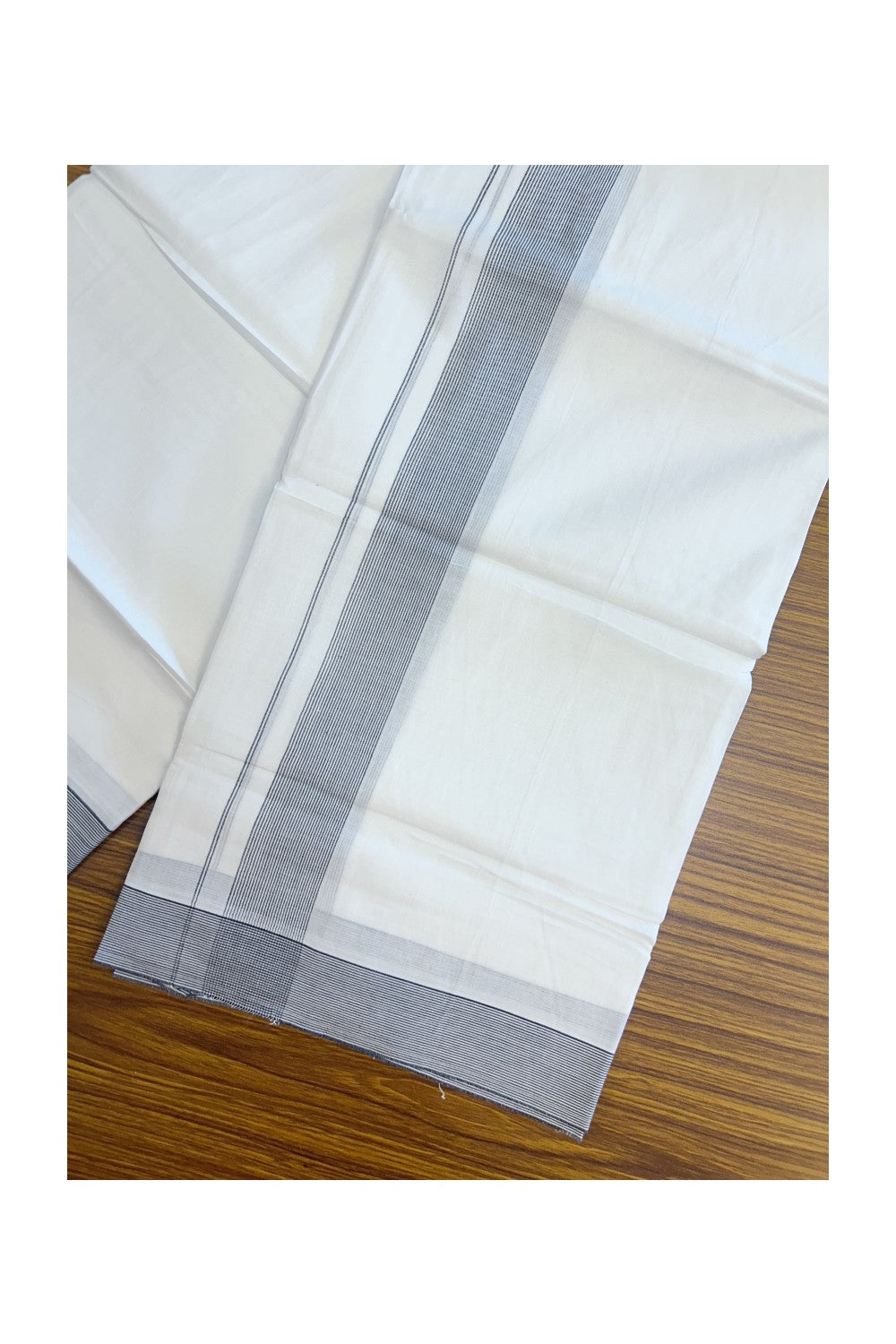 20% Discount ! Kaitharikada Balaramapuram 100% Cotton PURE WHITE Double Mundu/Dothi - 100x80 - 1.5 inch Navy Blue Stripes Kara 3.90 mtr (8 muzham) - 55KK5220 THI
