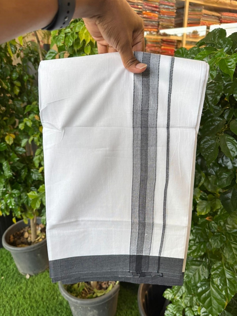 20% Discount ! KaithariKada Balaramapuram 100% Cotton Double Pure white Mundu/Dhoti- 100x80 - 1.5 inch Black shaded striped Kara - 3.90mtr ( 8 muzham) - 28 KK5251 PMC