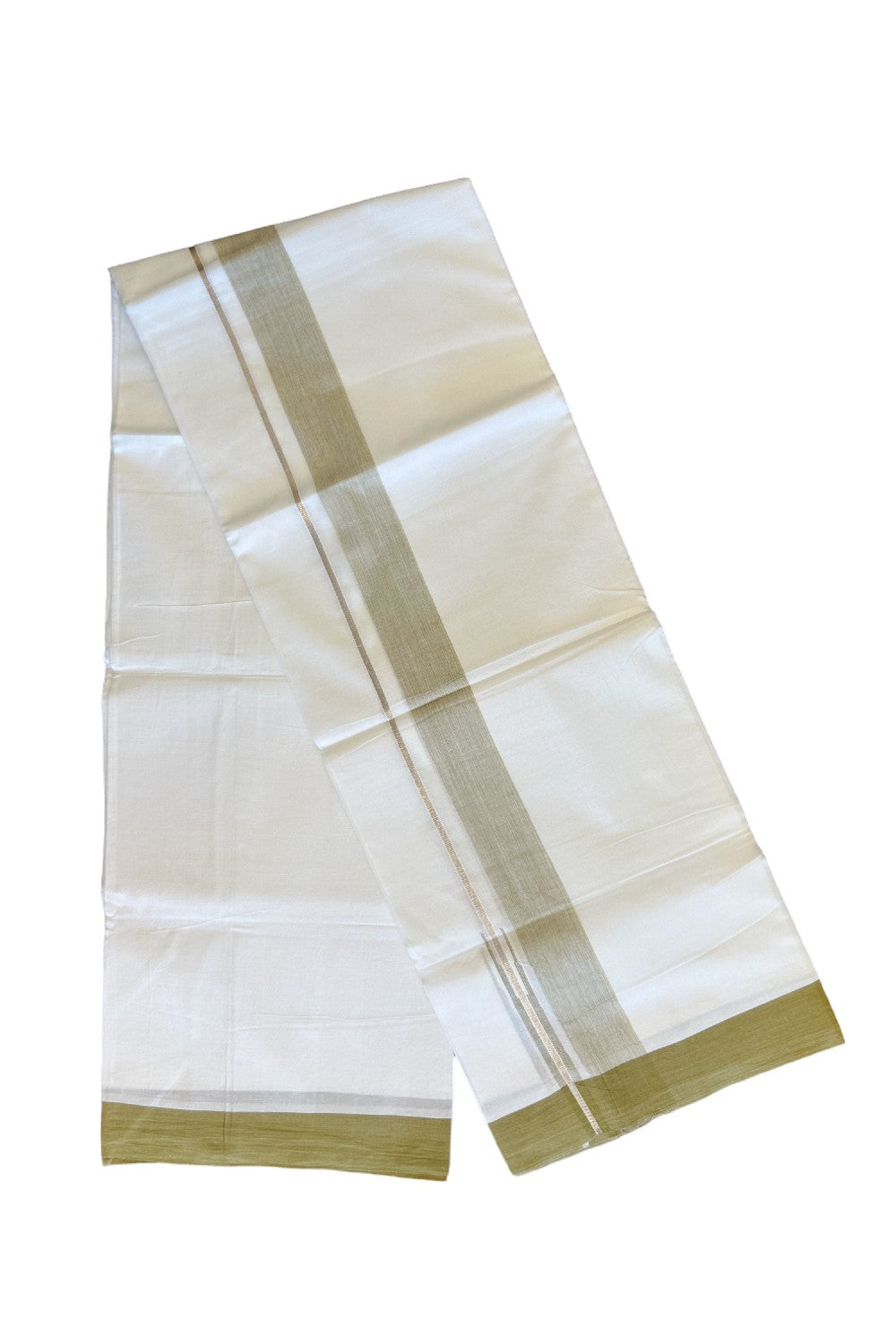15% DISCOUNT!! Kaitharikada Balaramapuram 100% Cotton PURE WHITE Double Mundu/Dothi-100x90 1.5 inch Puliyilakkara chutty silver kasavu & Olive green shaded kara - 61KK430VAS
