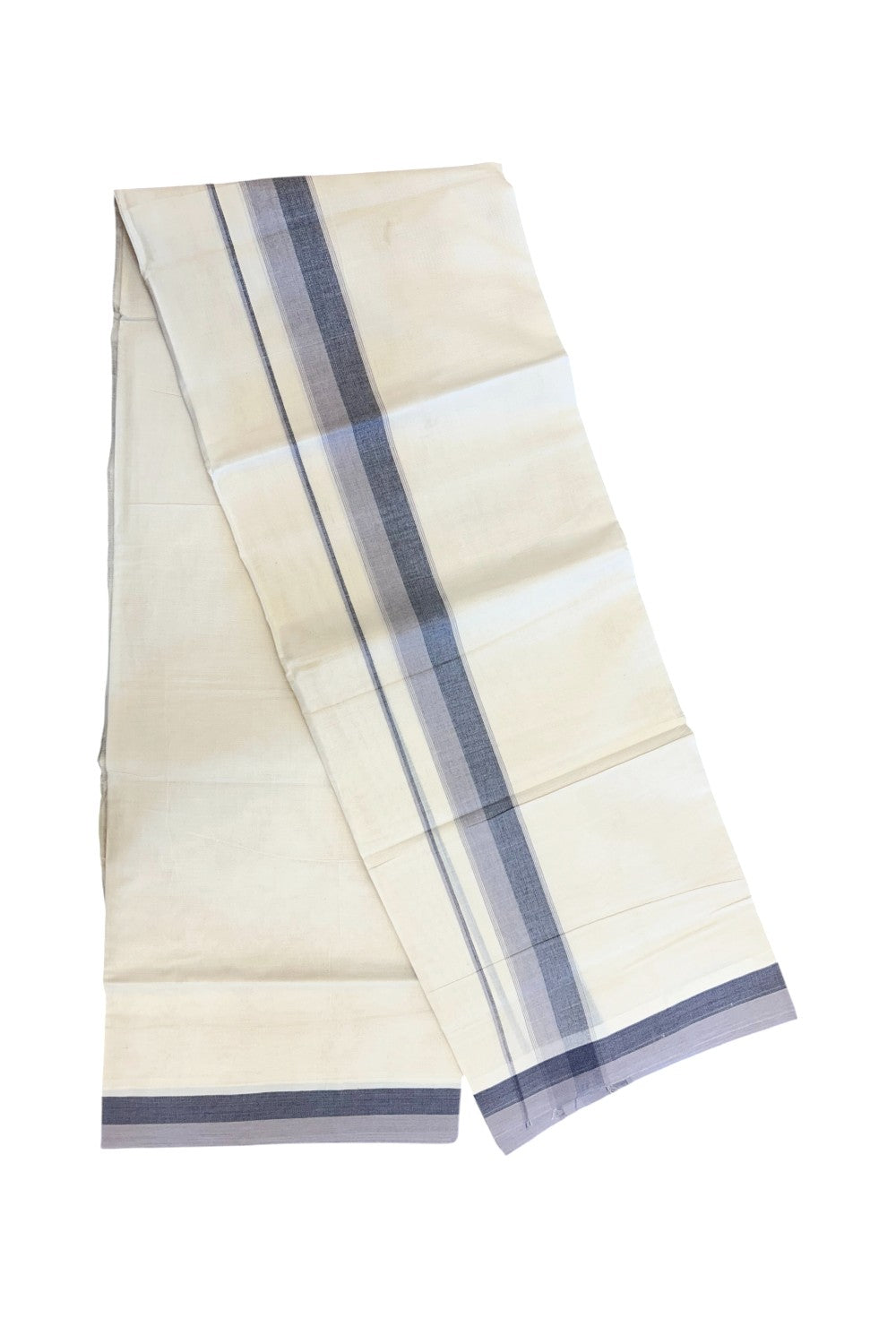 20% DISCOUNT!! KaithariKada Balaramapuram 100% Cotton OFF WHITE Double - (Unbleached) Mundu/Dhoti - 100X80 - 1.75 inch Purple Ash & Navy Blue Shaded Kara with Side Stripes - 61KK5213 VIN
