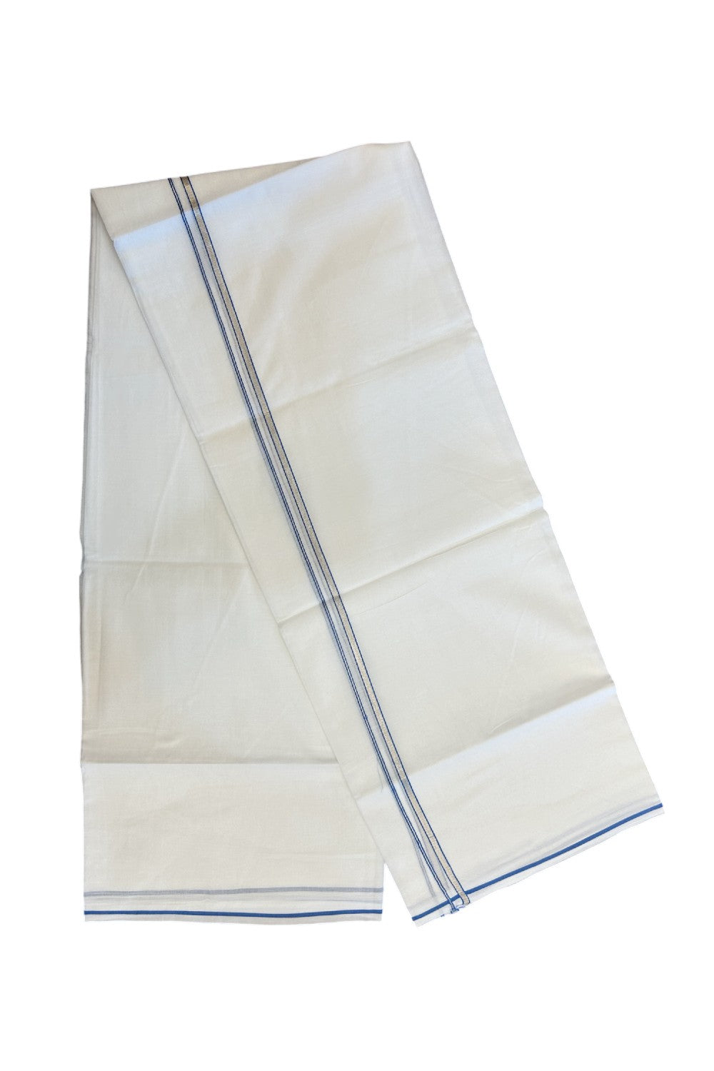 20% Discount ! Kaitharikada Balaramapuram 100% Cotton PURE WHITE Double Mundu/Dothi - 100x90 - 0.5 cm Blue Silver Kasavu thin Kara - 61KK5217 CKS