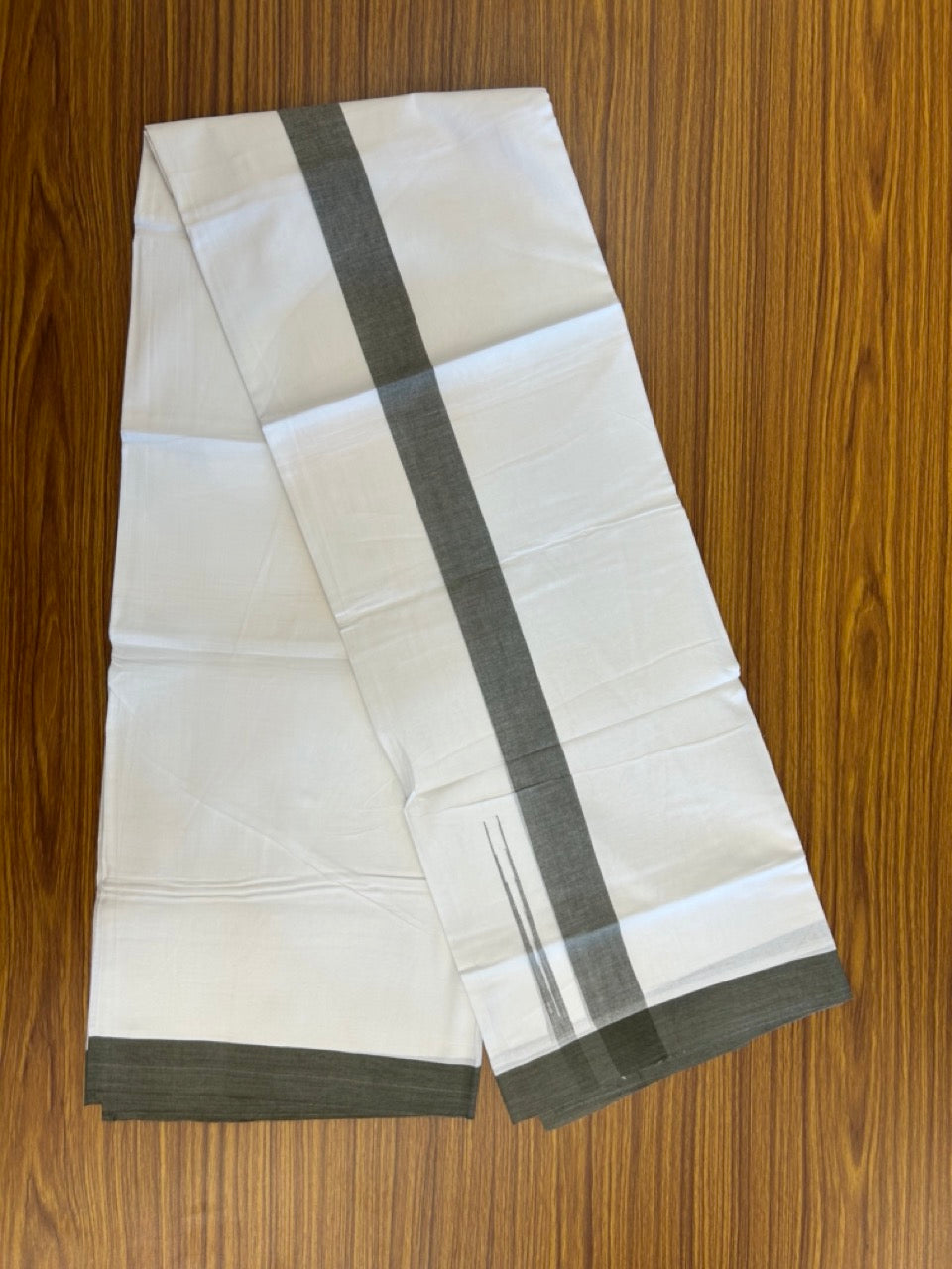 20% Discount ! NEW! KaithariKada Balaramapuram 100% Cotton Pure white Double Mundu/Dhoti - (100x80)s - 1.5 inch Ash Green Chutty Kara - 61 KK5249 VIN