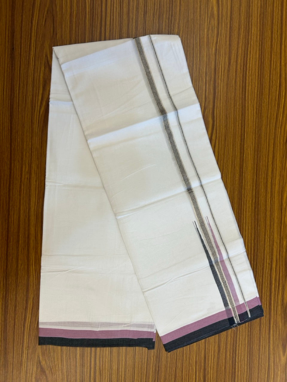 23% Discount ! NEW! KaithariKada Balaramapuram 100% Cotton Pure white Double Mundu/Dhoti - (100x80)s - Pink Purple Black Chutty Silver Kasav - 61 KK5252 CKS