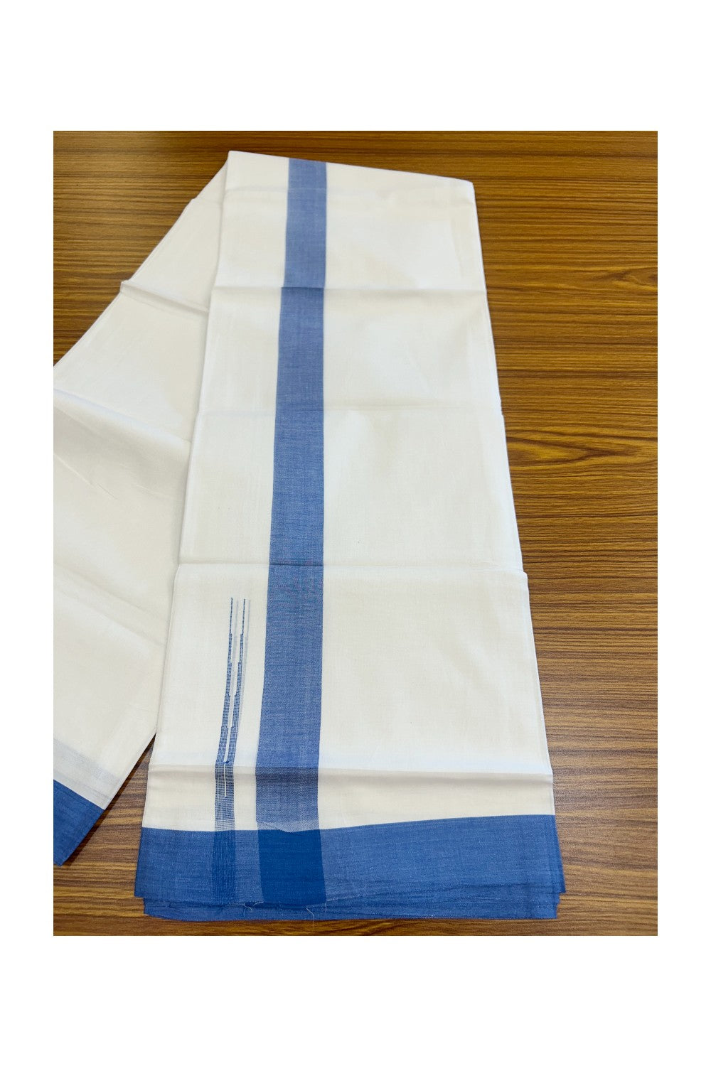 20% Discount ! Kaitharikada Balaramapuram 100% Cotton PURE WHITE Double Mundu/Dothi - 100x80 - 1.5 inch Blue Shaded Chutty Kara - 61KK5182VAS