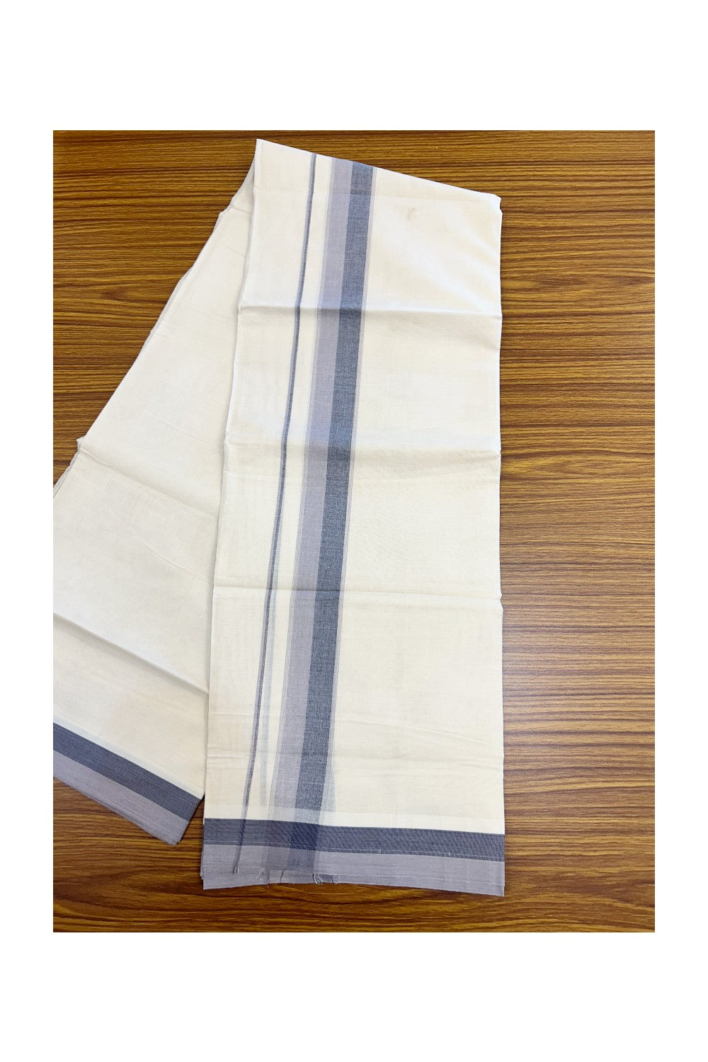 20% DISCOUNT!! KaithariKada Balaramapuram 100% Cotton OFF WHITE Double - (Unbleached) Mundu/Dhoti - 100X80 - 1.75 inch Purple Ash & Navy Blue Shaded Kara with Side Stripes - 61KK5213 VIN