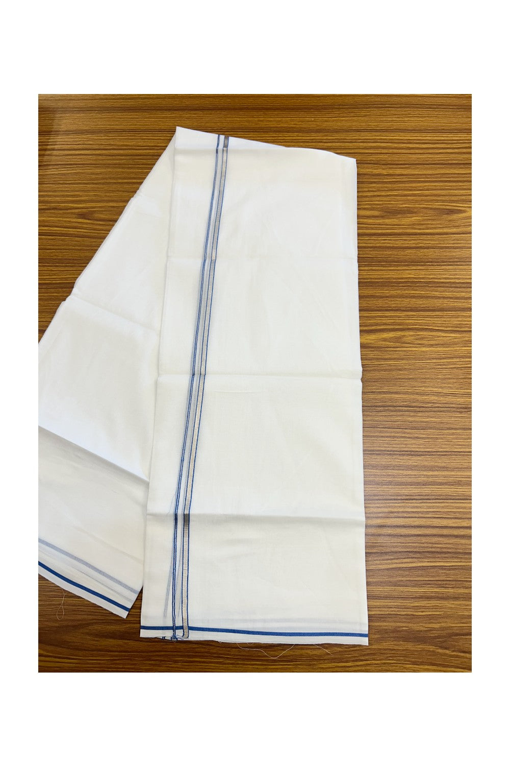 20% Discount ! Kaitharikada Balaramapuram 100% Cotton PURE WHITE Double Mundu/Dothi - 100x90 - 0.5 cm Blue Silver Kasavu thin Kara - 61KK5217 CKS