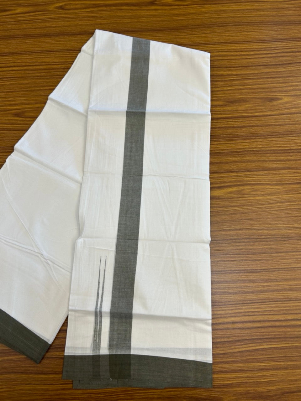 20% Discount ! NEW! KaithariKada Balaramapuram 100% Cotton Pure white Double Mundu/Dhoti - (100x80)s - 1.5 inch Ash Green Chutty Kara - 61 KK5249 VIN