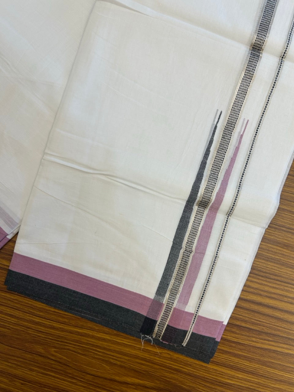 23% Discount ! NEW! KaithariKada Balaramapuram 100% Cotton Pure white Double Mundu/Dhoti - (100x80)s - Pink Purple Black Chutty Silver Kasav - 61 KK5252 CKS