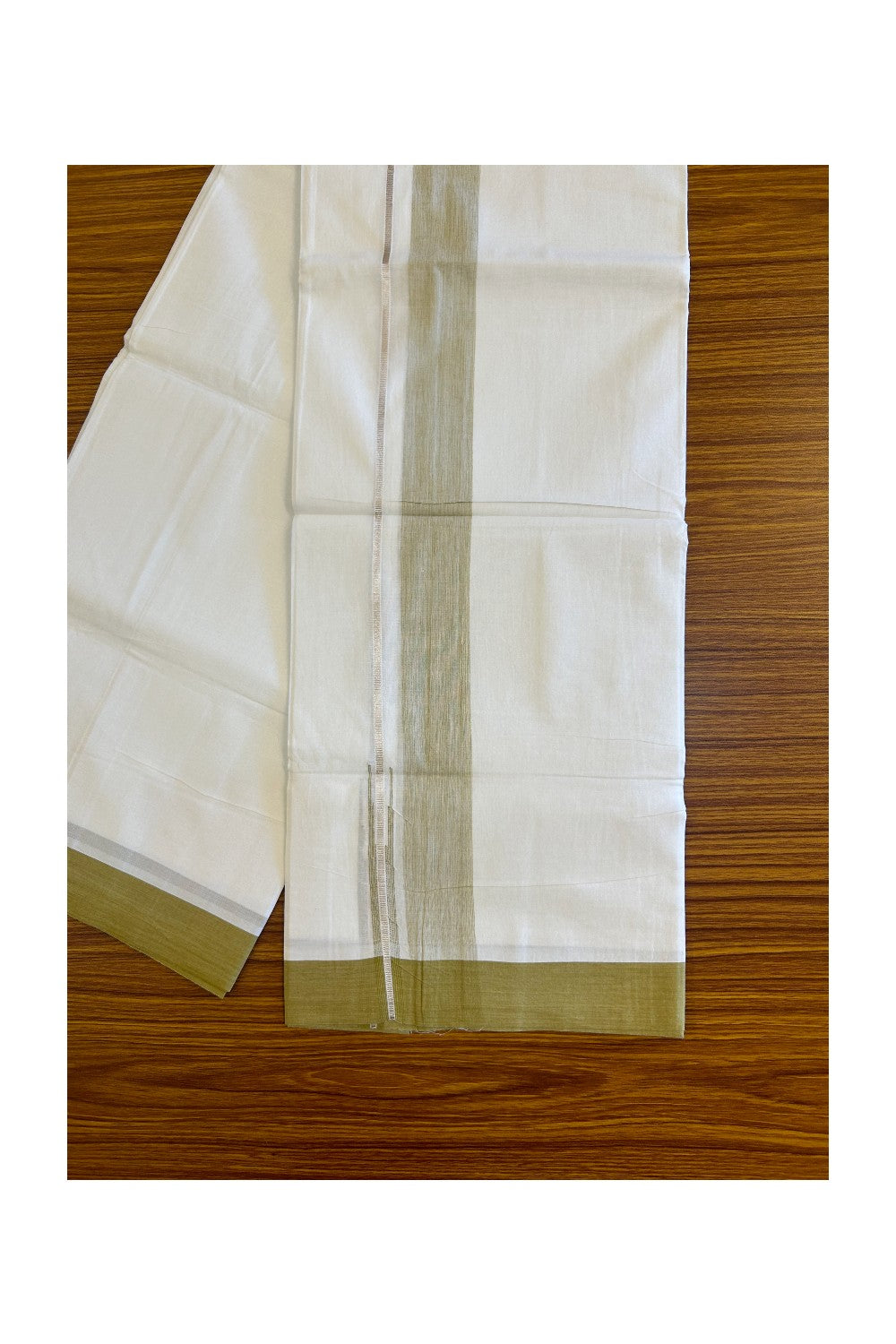 15% DISCOUNT!! Kaitharikada Balaramapuram 100% Cotton PURE WHITE Double Mundu/Dothi-100x90 1.5 inch Puliyilakkara chutty silver kasavu & Olive green shaded kara - 61KK430VAS