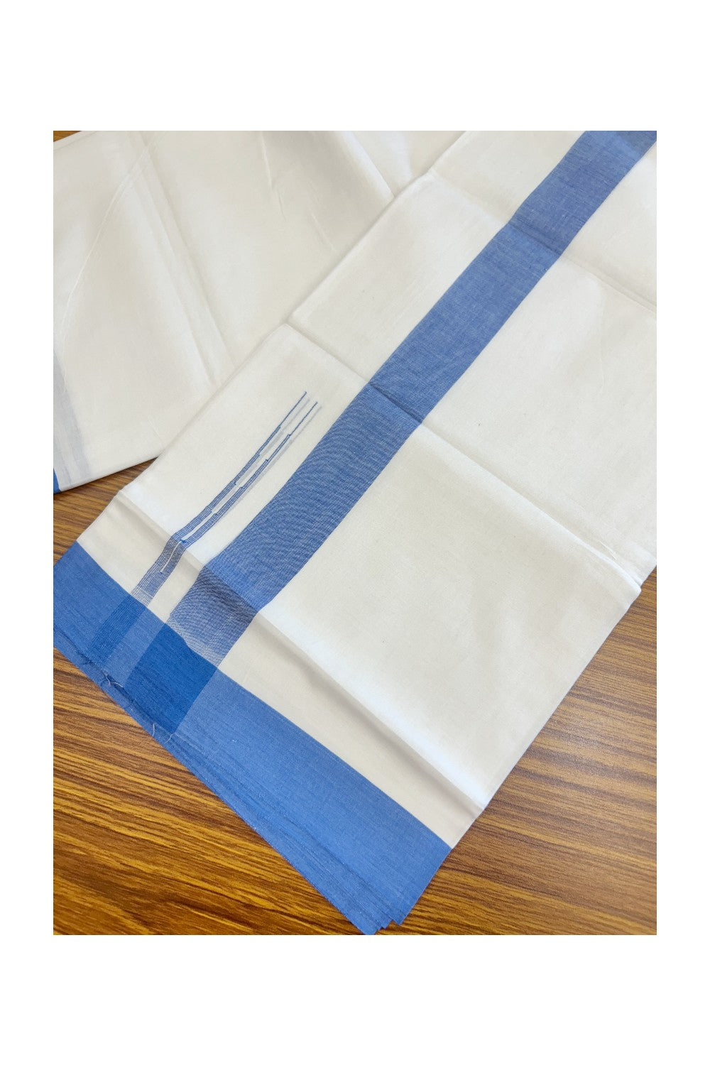 20% Discount ! Kaitharikada Balaramapuram 100% Cotton PURE WHITE Double Mundu/Dothi - 100x80 - 1.5 inch Blue Shaded Chutty Kara - 61KK5182VAS