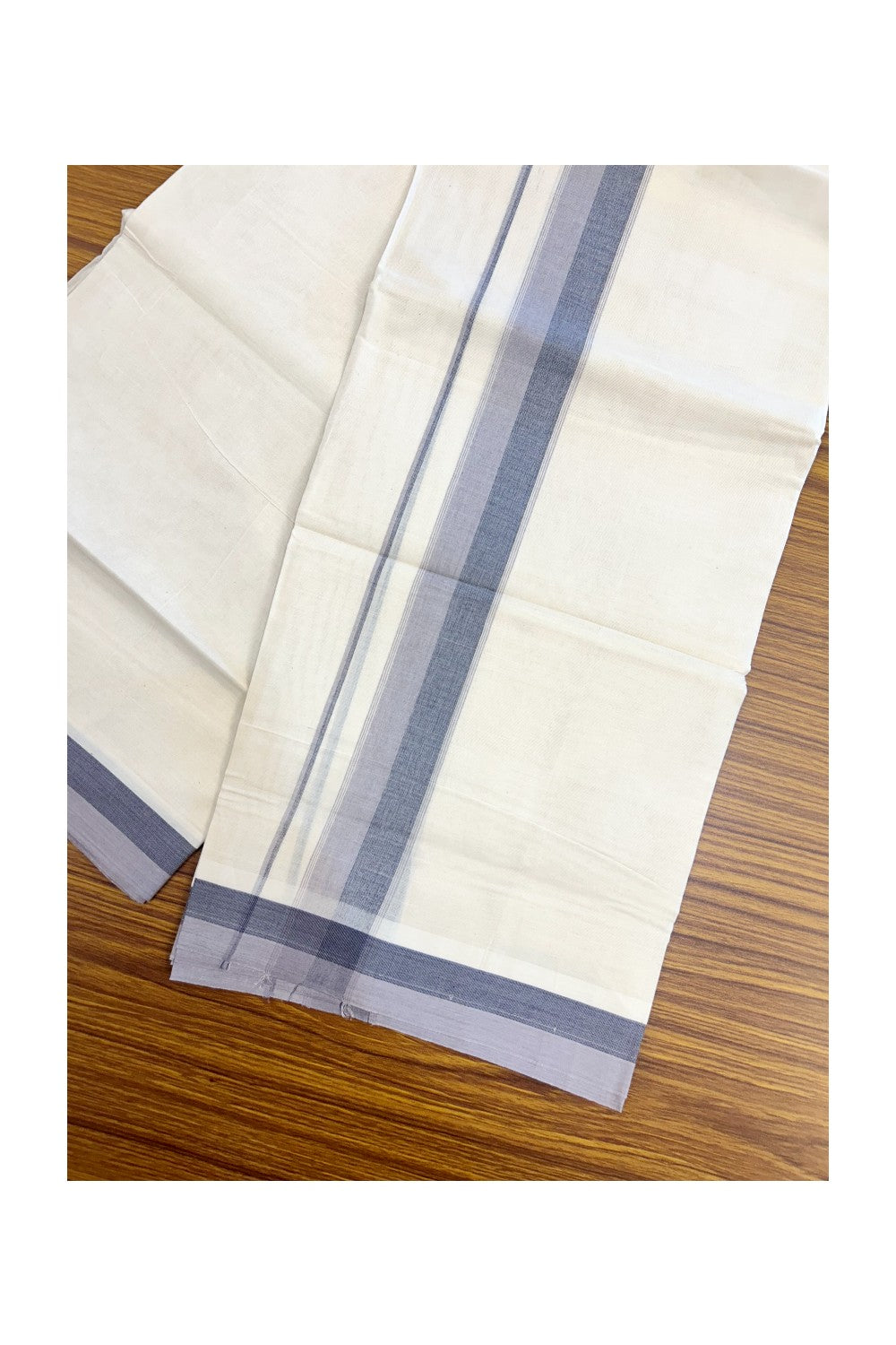 20% DISCOUNT!! KaithariKada Balaramapuram 100% Cotton OFF WHITE Double - (Unbleached) Mundu/Dhoti - 100X80 - 1.75 inch Purple Ash & Navy Blue Shaded Kara with Side Stripes - 61KK5213 VIN