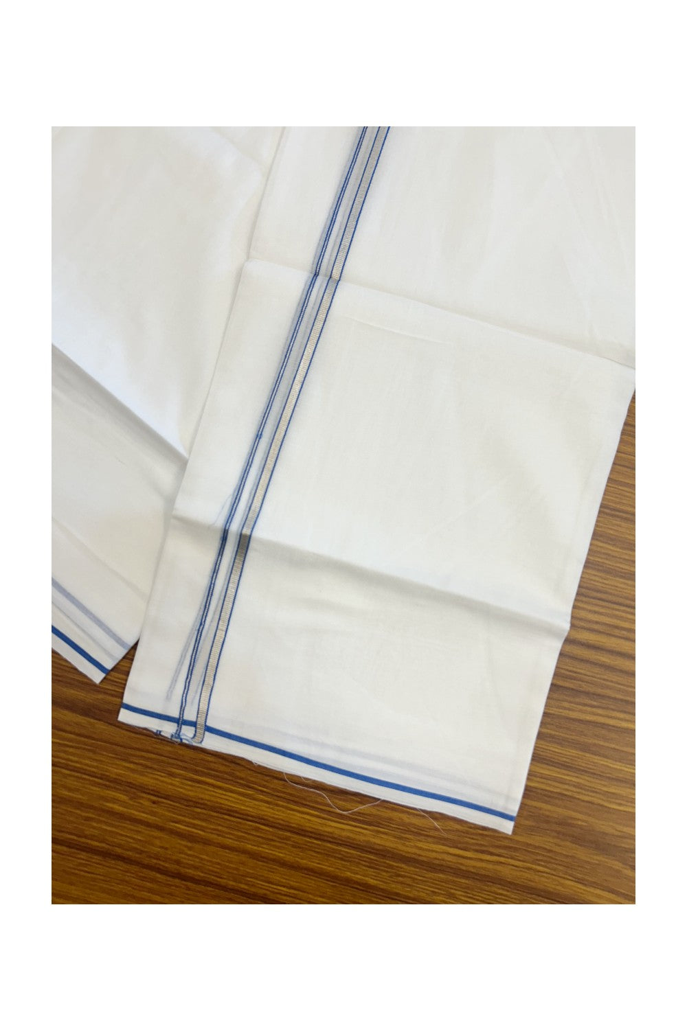 20% Discount ! Kaitharikada Balaramapuram 100% Cotton PURE WHITE Double Mundu/Dothi - 100x90 - 0.5 cm Blue Silver Kasavu thin Kara - 61KK5217 CKS