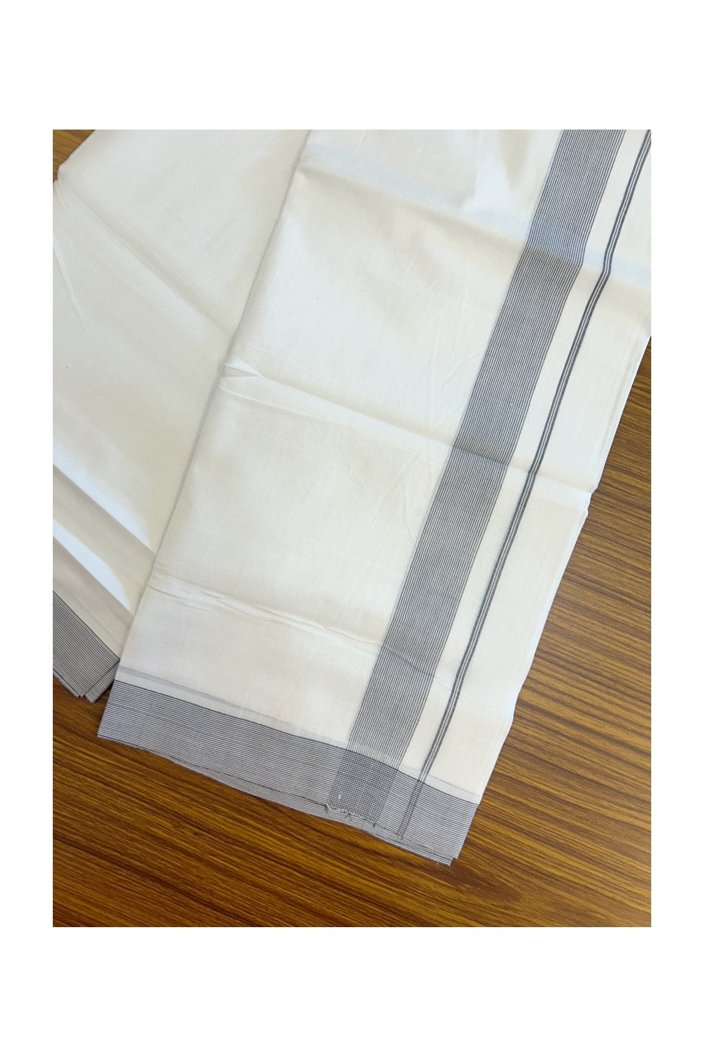 20% Discount ! Kaitharikada Balaramapuram 100% Cotton PURE WHITE Double Mundu/Dothi - 100x80 - 1.25 inch Black Stripes Kara 3.90 mtr (8 muzham) - 56KK5220 THI