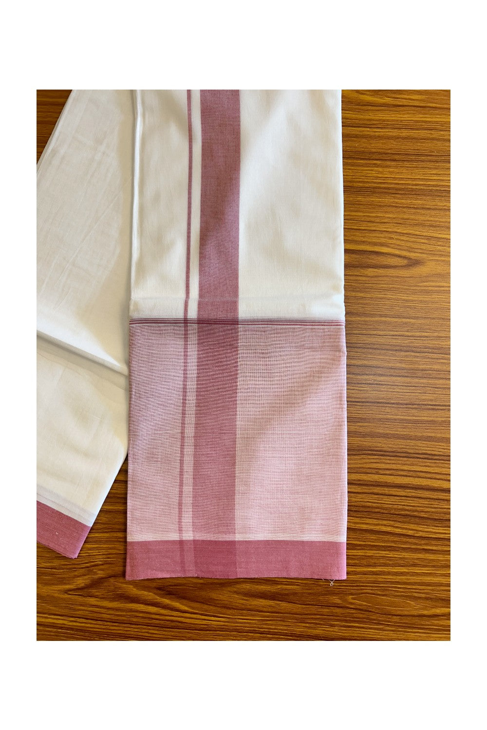 15% Discount!! Kaitharikada Balaramapuram 100% Cotton Pure White  Double Mundu/Dothi-100x100  2 Inch Pink Shaded Cotton Kara 3.75m (8 Muzham) - 61KK74RAM