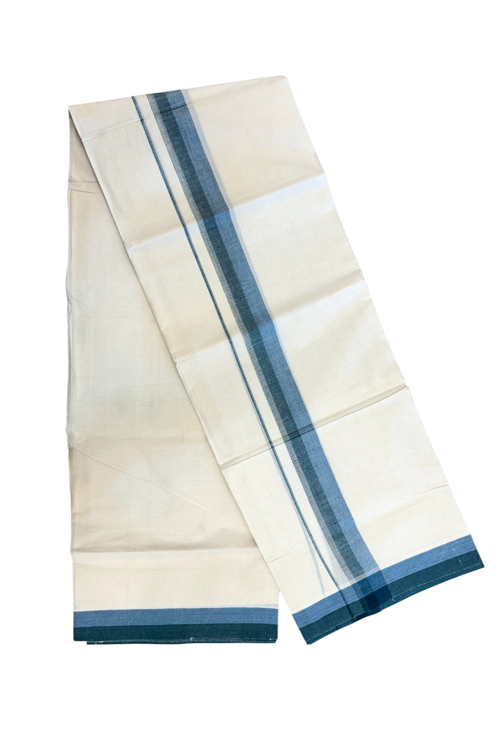 20% DISCOUNT!! KaithariKada Balaramapuram 100% Cotton OFF WHITE Double - (Unbleached) Mundu/Dhoti - 100X80 - 1.5 inch Dark Green & Blue Shaded Kara with Side Stripes - 62KK5213 VIN