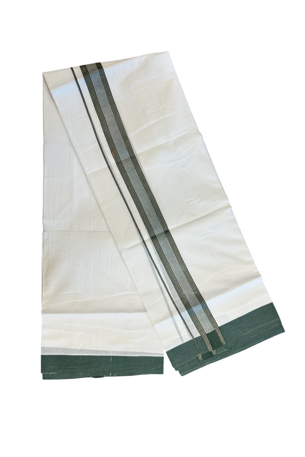 20% DISCOUNT! KaithariKada Balaramapuram 100% Cotton Double Pure white Mundu/Dhoti- 100X80 - 1.5 inch Gold Kasavu & Dark Green Striped Kara - 3.84mtr ( 8 muzham) - 62KK5227 PMC