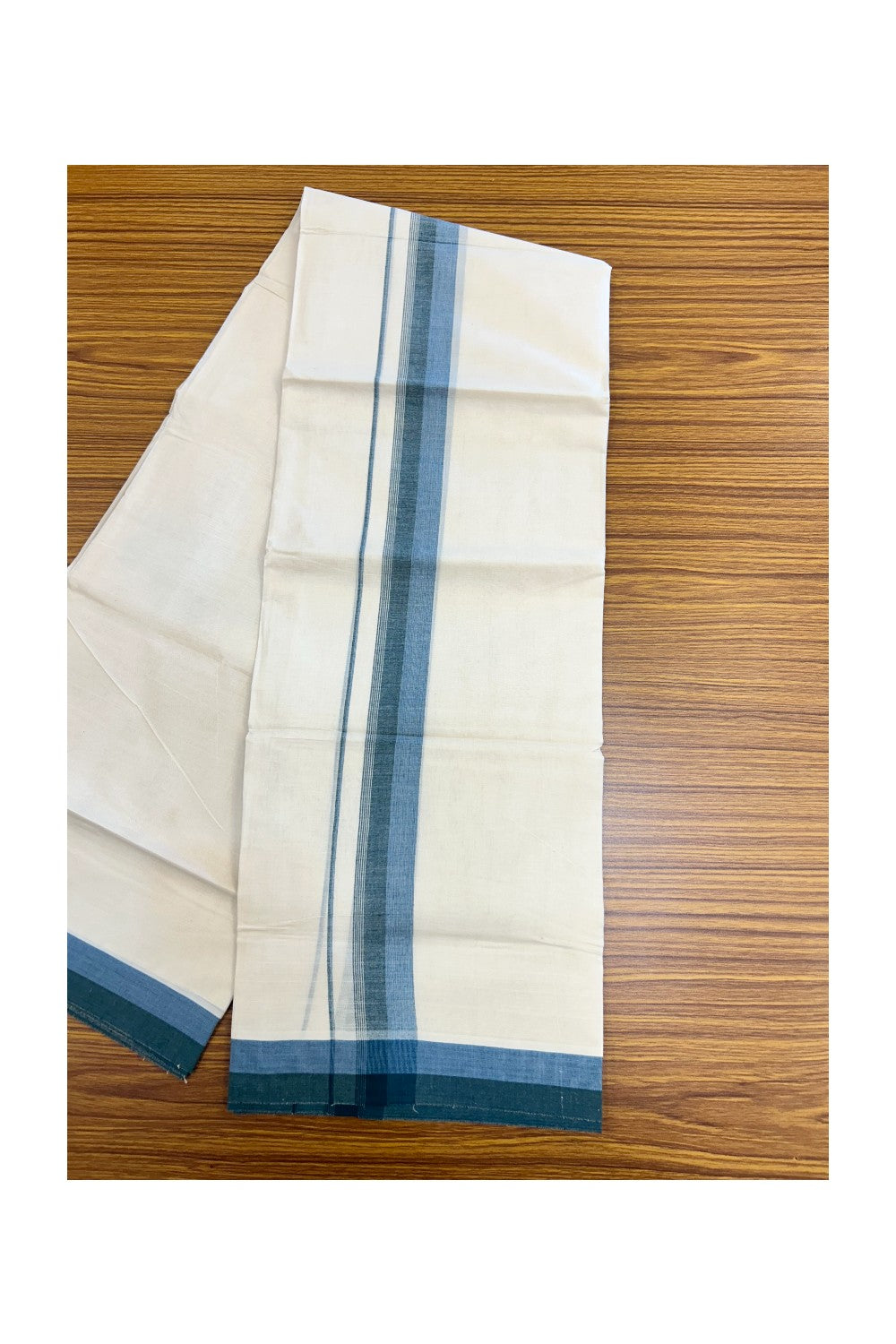 20% DISCOUNT!! KaithariKada Balaramapuram 100% Cotton OFF WHITE Double - (Unbleached) Mundu/Dhoti - 100X80 - 1.5 inch Dark Green & Blue Shaded Kara with Side Stripes - 62KK5213 VIN