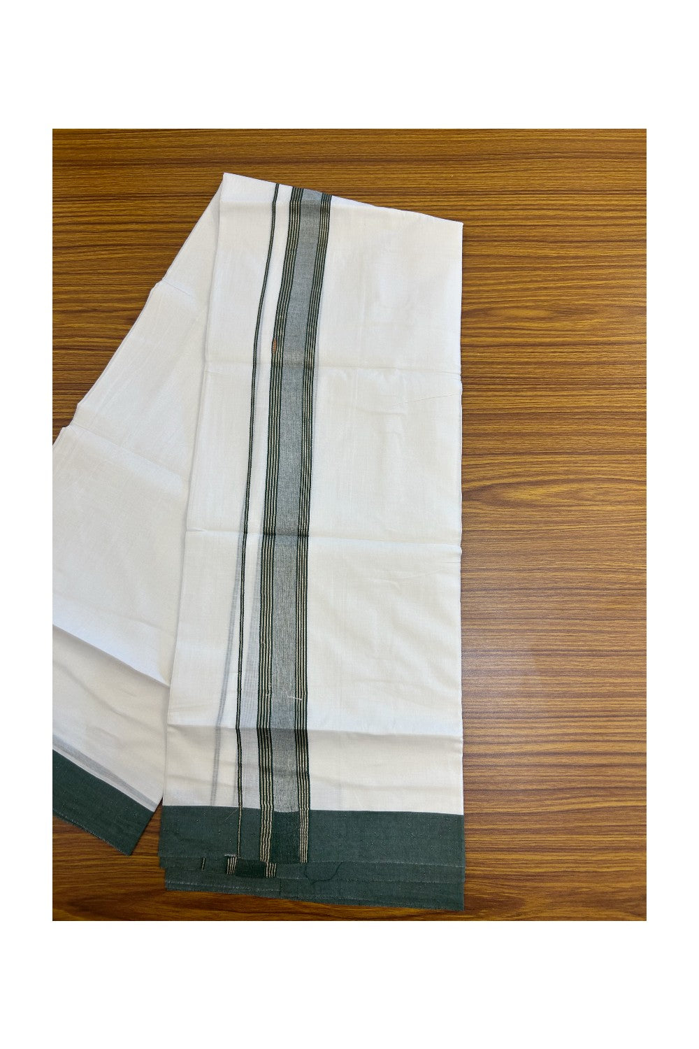 20% DISCOUNT! KaithariKada Balaramapuram 100% Cotton Double Pure white Mundu/Dhoti- 100X80 - 1.5 inch Gold Kasavu & Dark Green Striped Kara - 3.84mtr ( 8 muzham) - 62KK5227 PMC