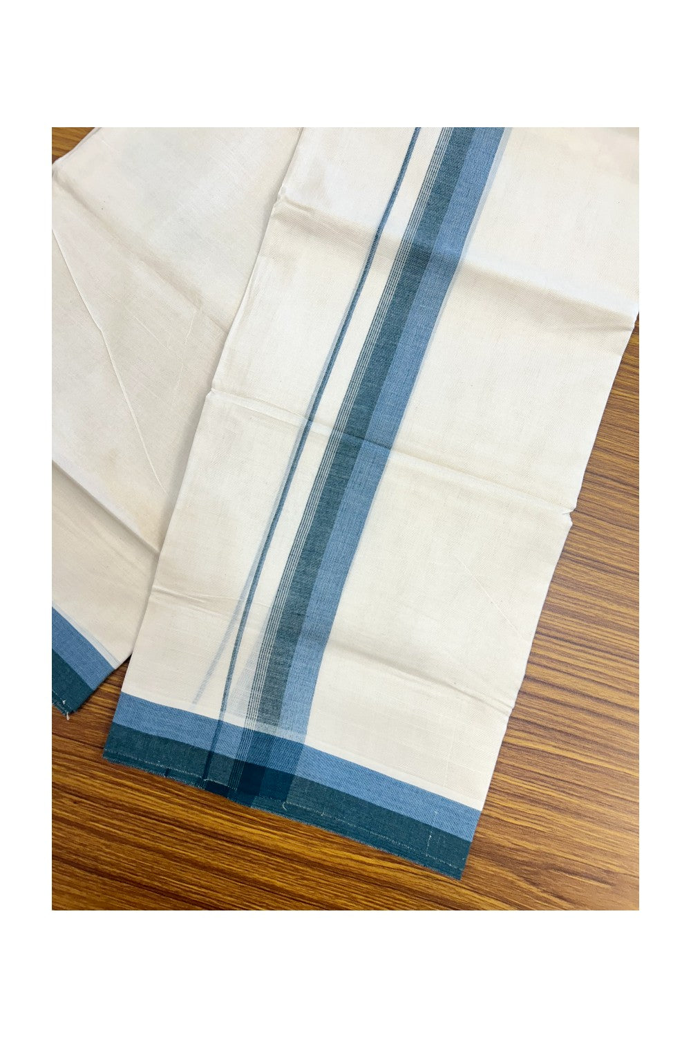20% DISCOUNT!! KaithariKada Balaramapuram 100% Cotton OFF WHITE Double - (Unbleached) Mundu/Dhoti - 100X80 - 1.5 inch Dark Green & Blue Shaded Kara with Side Stripes - 62KK5213 VIN