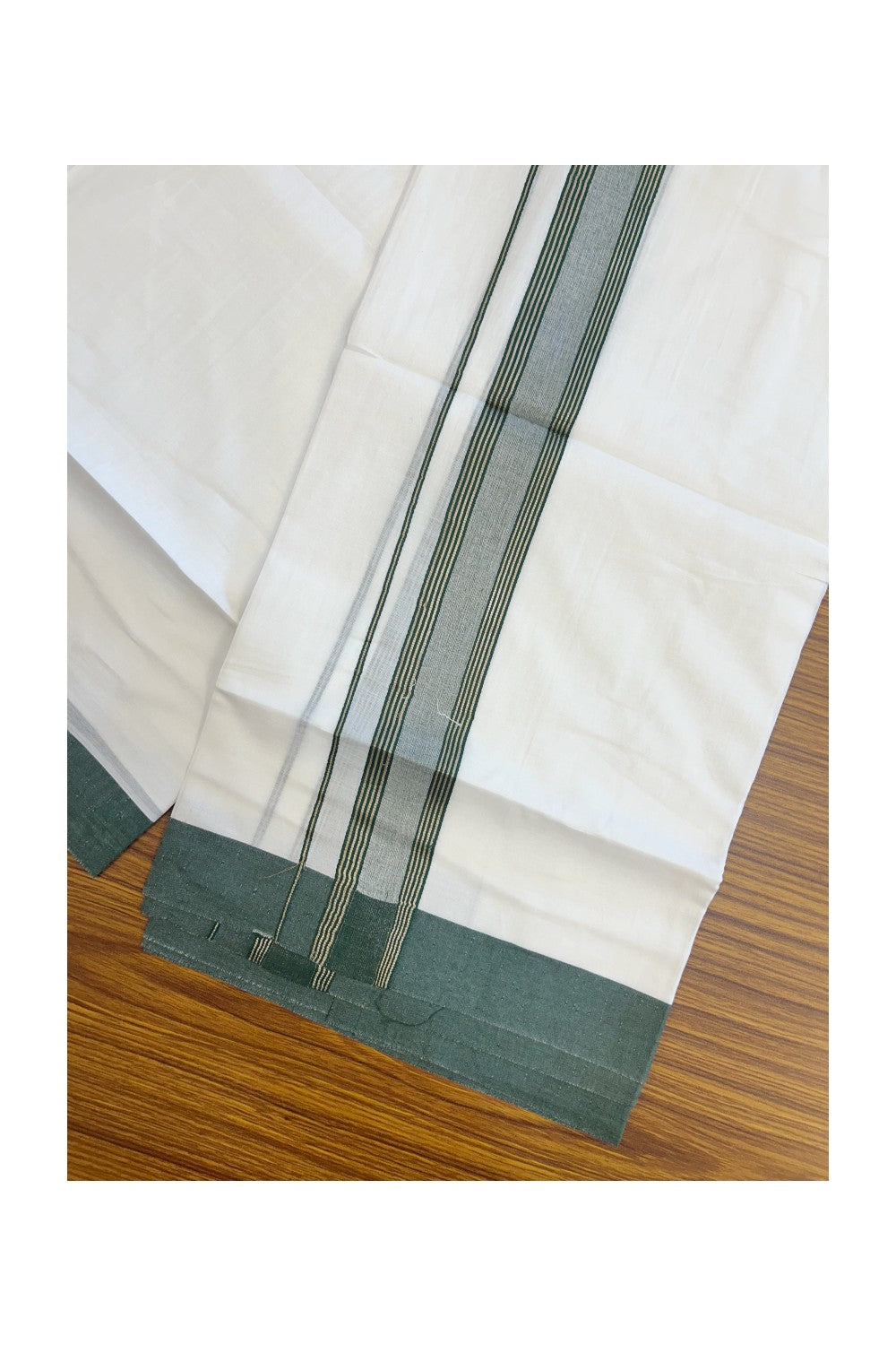 20% DISCOUNT! KaithariKada Balaramapuram 100% Cotton Double Pure white Mundu/Dhoti- 100X80 - 1.5 inch Gold Kasavu & Dark Green Striped Kara - 3.84mtr ( 8 muzham) - 62KK5227 PMC