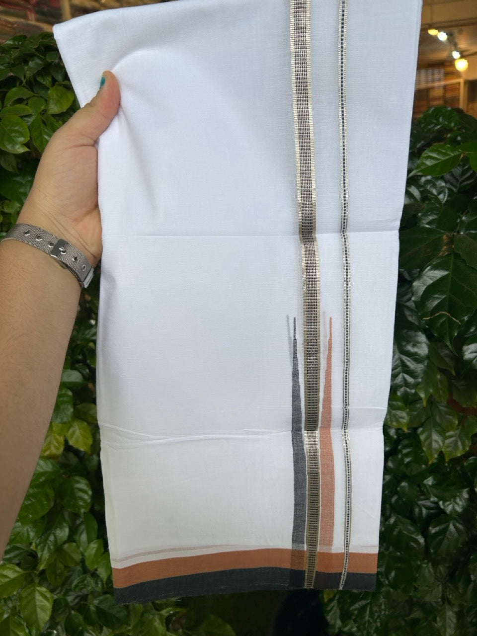 23% Discount ! NEW! KaithariKada Balaramapuram 100% Cotton Pure white Double Mundu/Dhoti - (100x80)s - Brown Black Chutty Silver Kasav - 63 KK5252 CKS