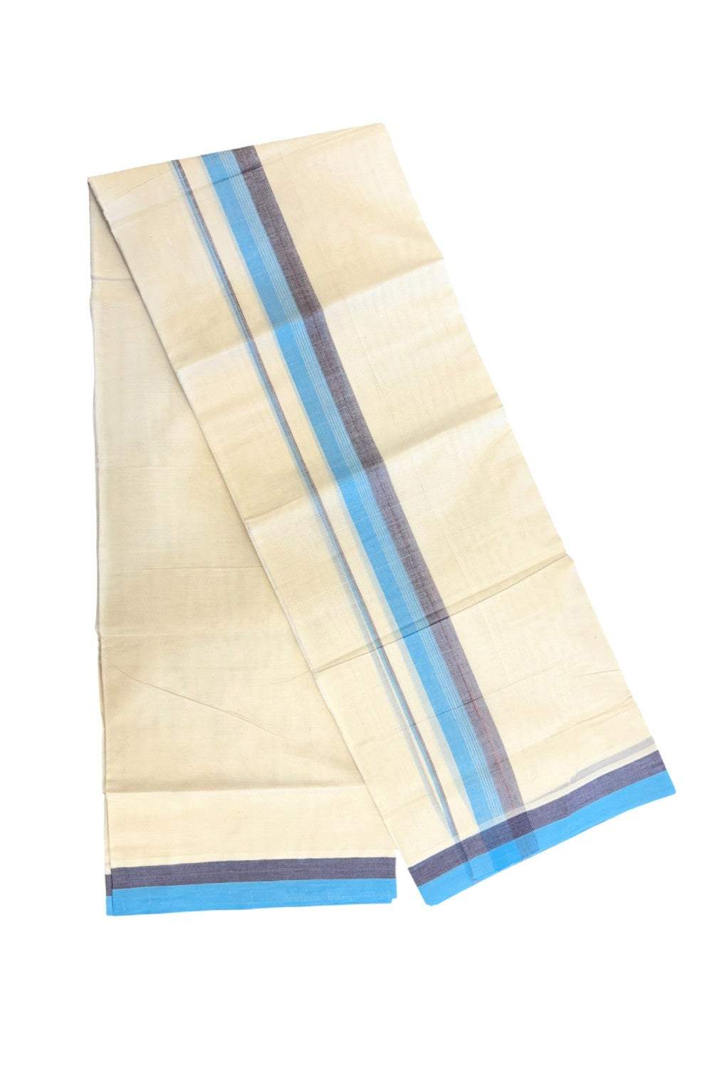 20% DISCOUNT!! KaithariKada Balaramapuram 100% Cotton OFF WHITE Double - (Unbleached) Mundu/Dhoti - 100X80 - 1.5 inch Navy Blue & Cyan Shaded Kara with Centre Stripes - 63KK5213 VIN
