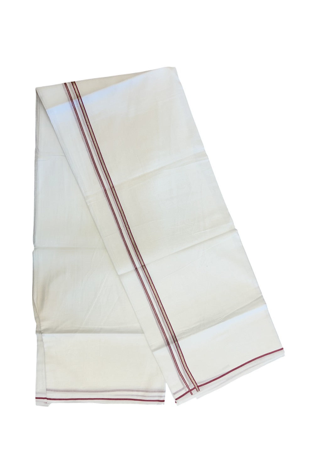 20% Discount ! Kaitharikada Balaramapuram 100% Cotton PURE WHITE Double Mundu/Dothi - 100x90 - 0.5 cm Magenta Silver Kasavu thin Kara - 63KK5217 CKS